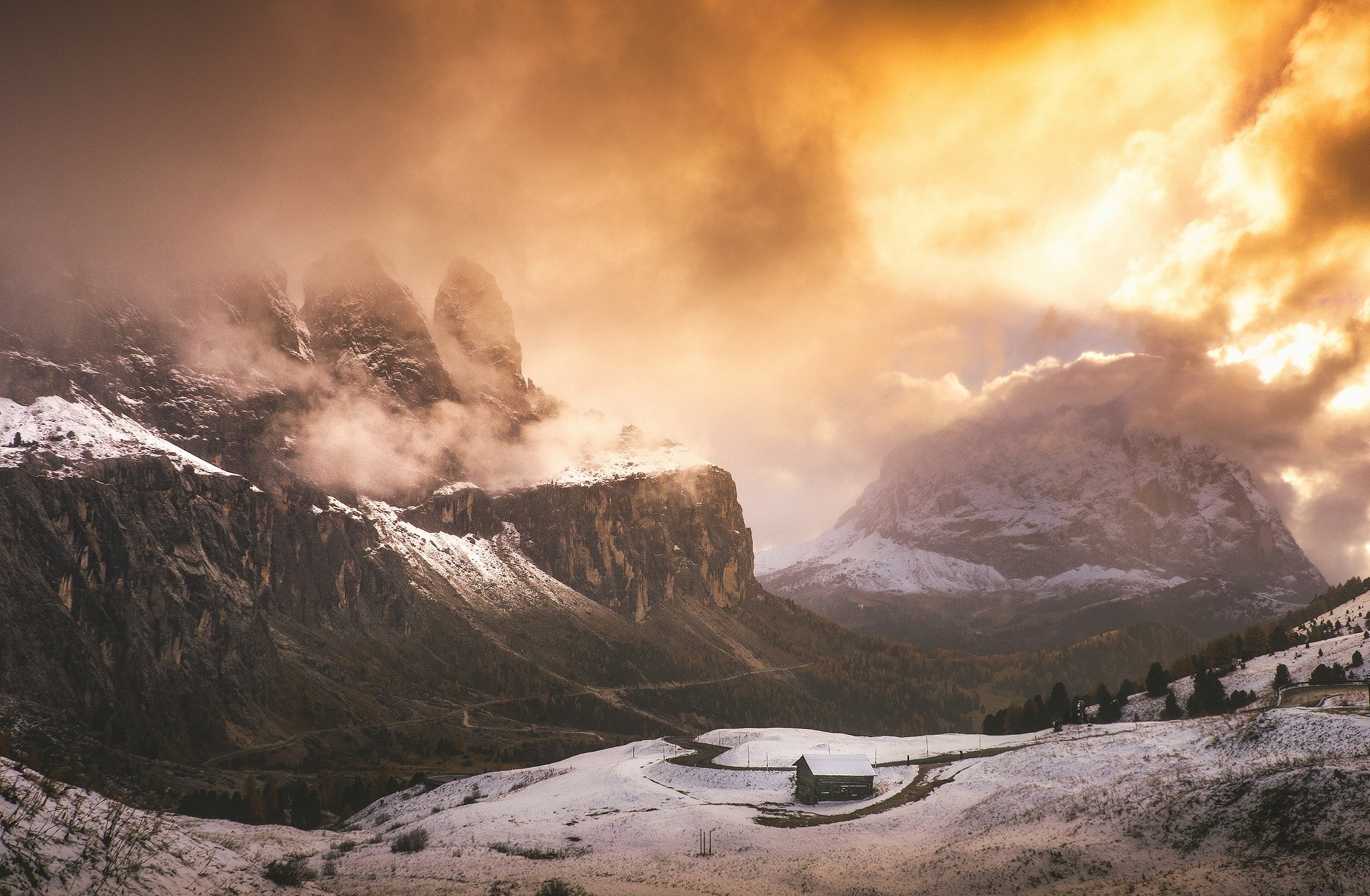 General 2048x1340 nature landscape winter cabin mountains sunlight clouds Alps snow trees Italy cold outdoors orange sky sky