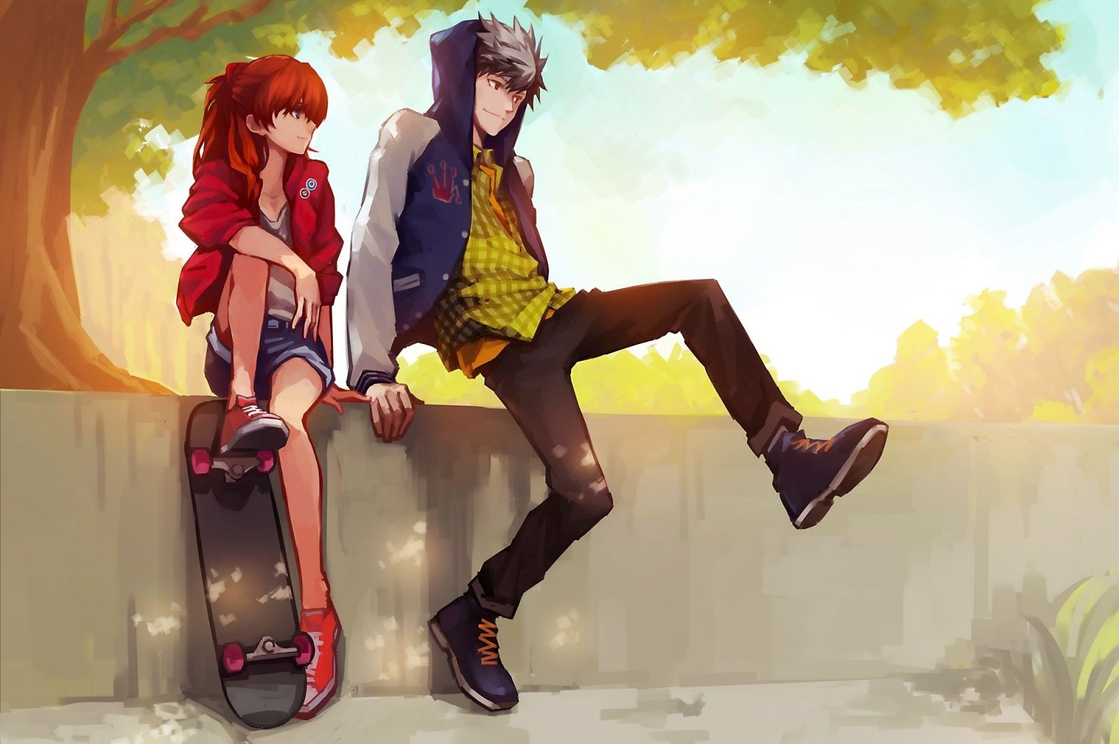 Anime 1600x1064 Neon Genesis Evangelion skateboard Asuka Langley Soryu anime girls anime boys redhead