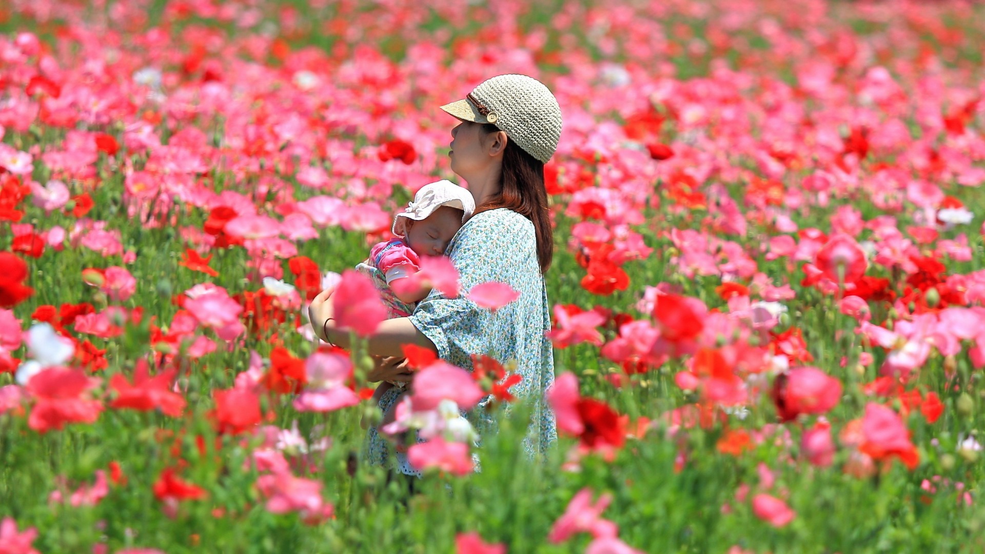 People 1920x1080 Asian baby field poppies women outdoors women flowers outdoors hat women with hats Mother plants colorful