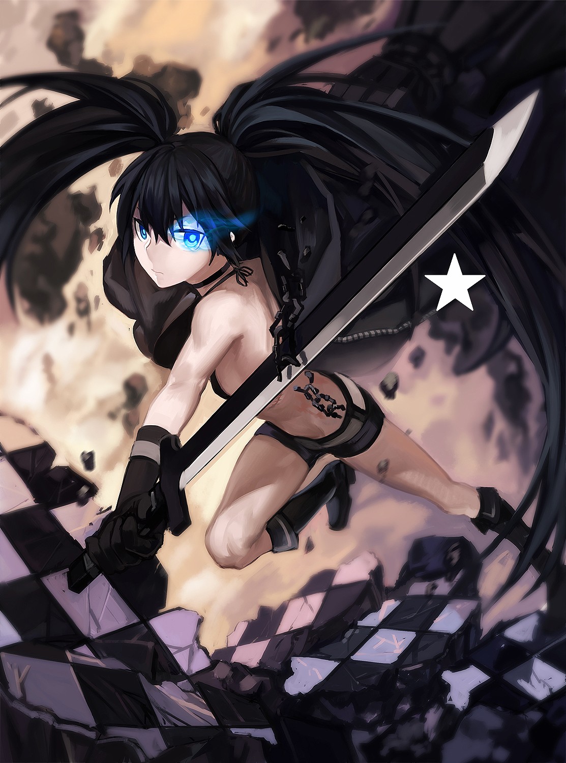 Anime 1113x1500 Black Rock Shooter tiles chains fiery eyes sword twintails jumping anime girls anime blue eyes women with swords dark hair long hair