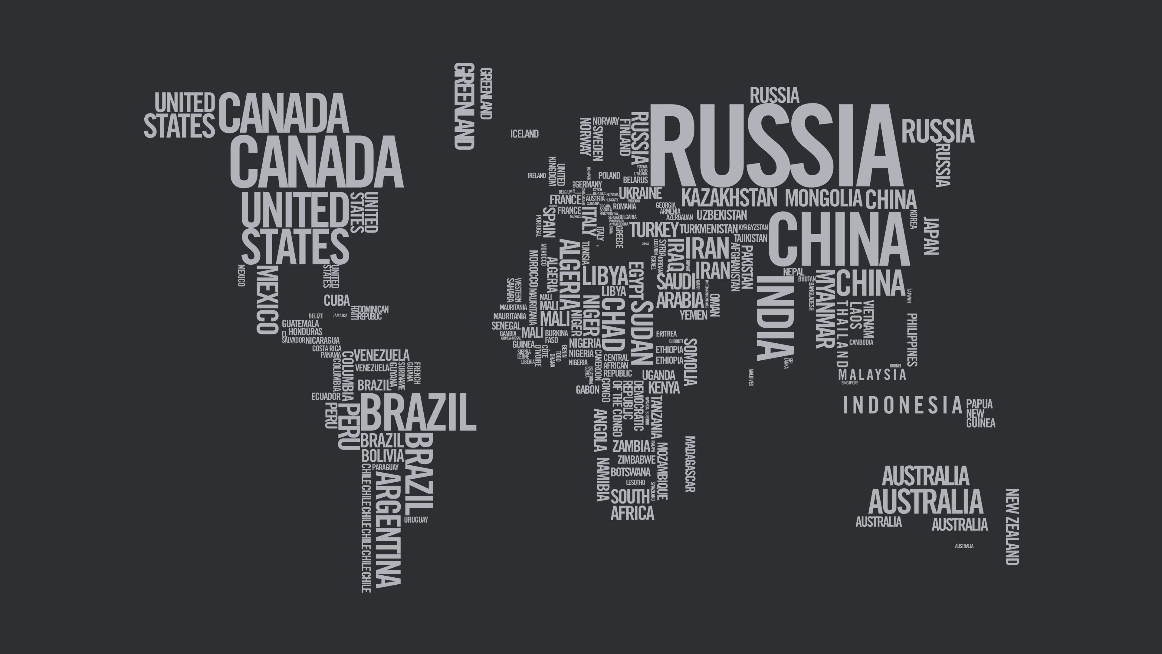 General 3840x2160 countries continents text map world map typo simple background typography gray background