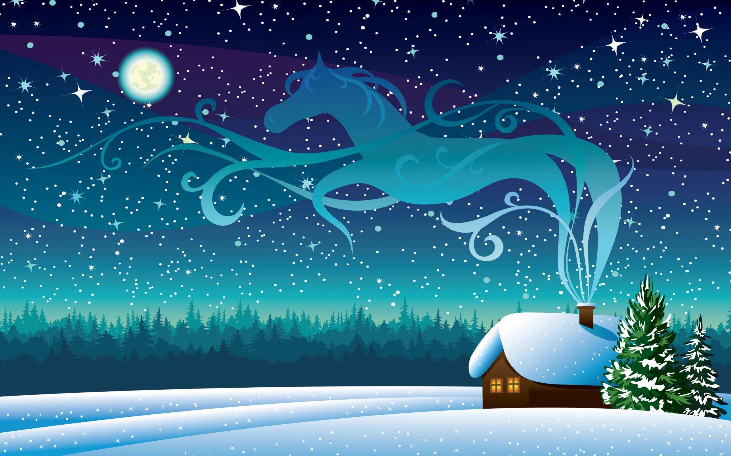 General 2560x1600 snow cottage night horse vector art pine trees Christmas holiday