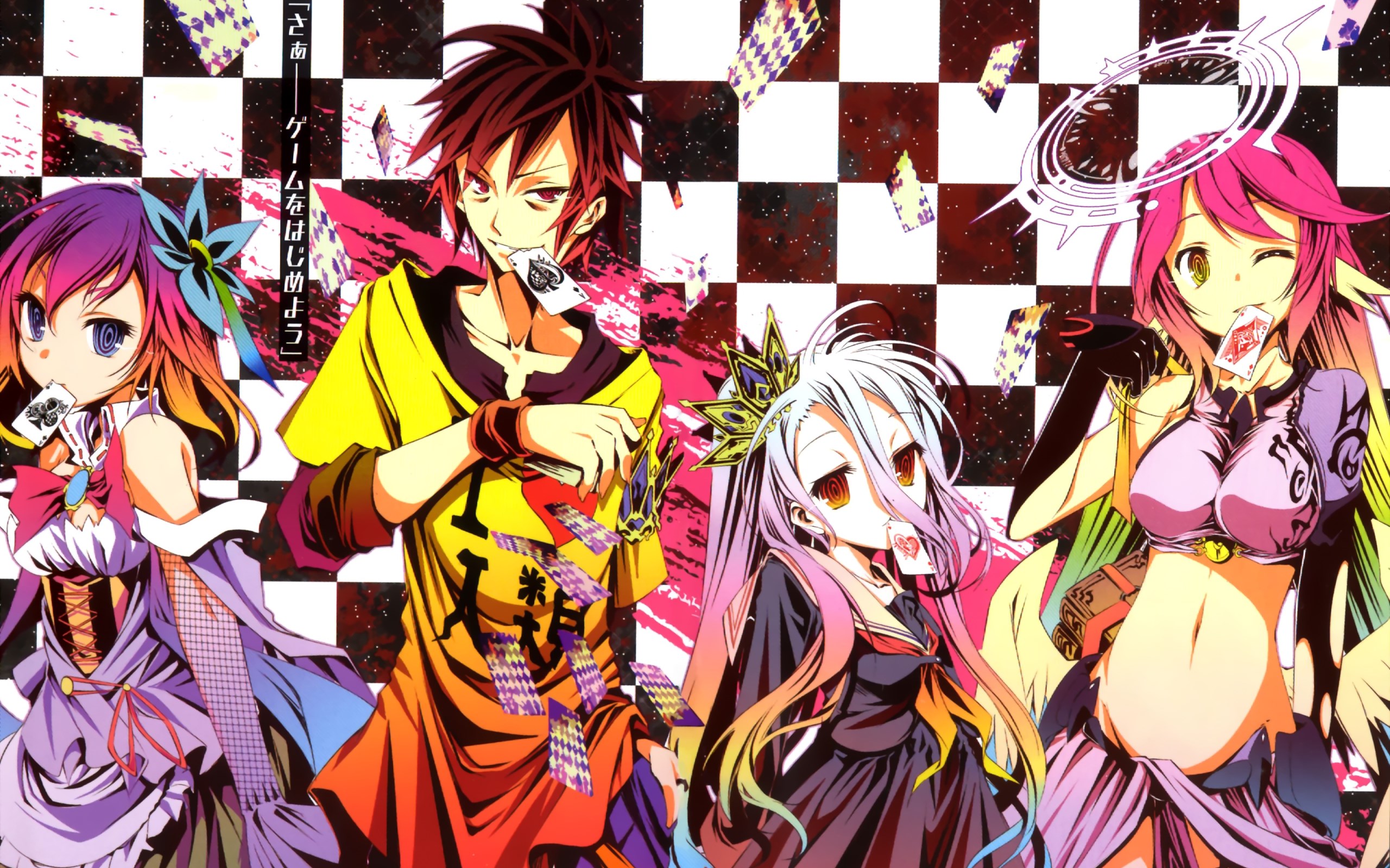 Anime 2560x1600 No Game No Life anime Jibril Stephanie Dora Sora (No Game No Life) Shiro (No Game No Life) anime girls cards anime boys belly colorful playing cards one eye closed big boobs multi-colored hair