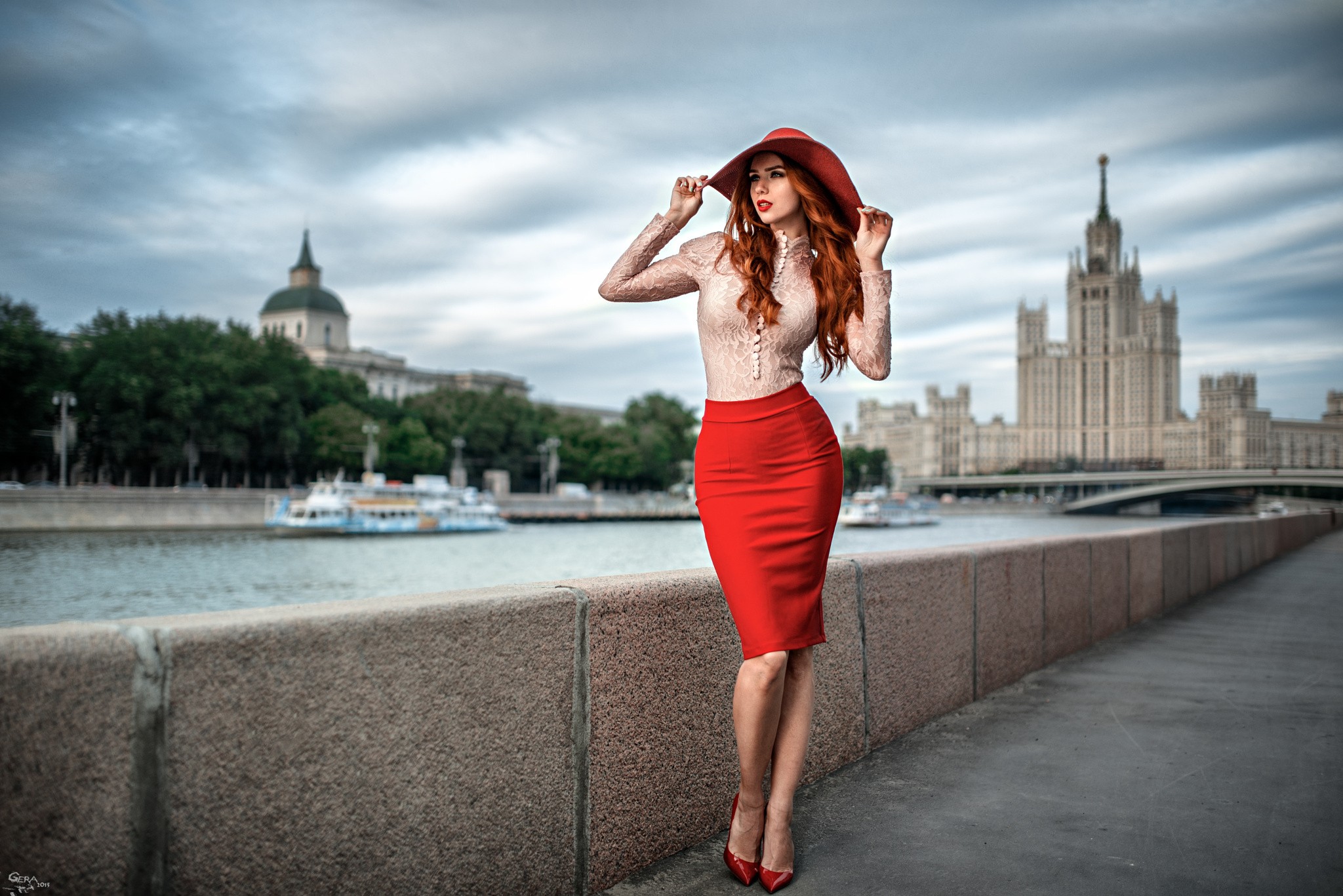 People 2048x1367 women outdoors redhead Georgy Chernyadyev red skirt Moscow urban dyed hair heels red heels legs red clothing hat women with hats cityscape river red lipstick looking into the distance women model 2015 (Year) Russia watermarked
