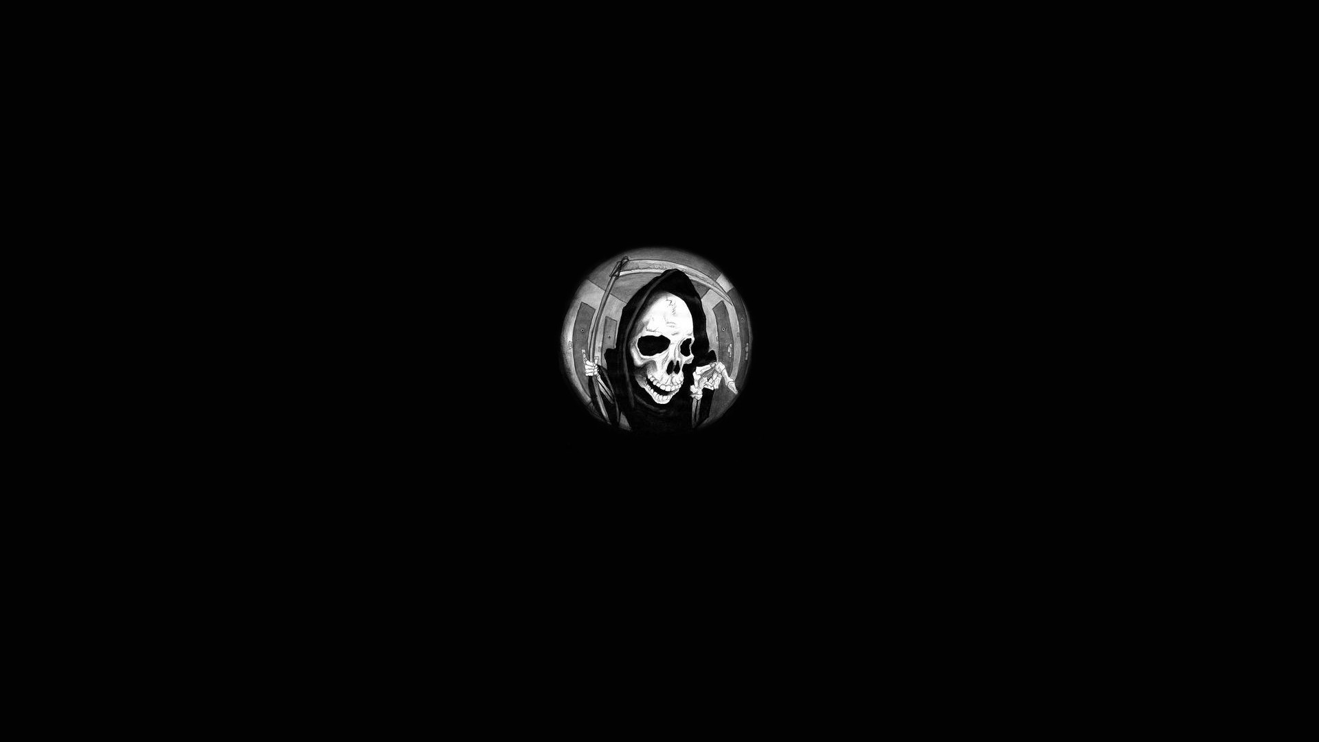 General 1920x1080 simple background minimalism Grim Reaper bones hallway door fisheye lens monochrome drawing black background spooky death