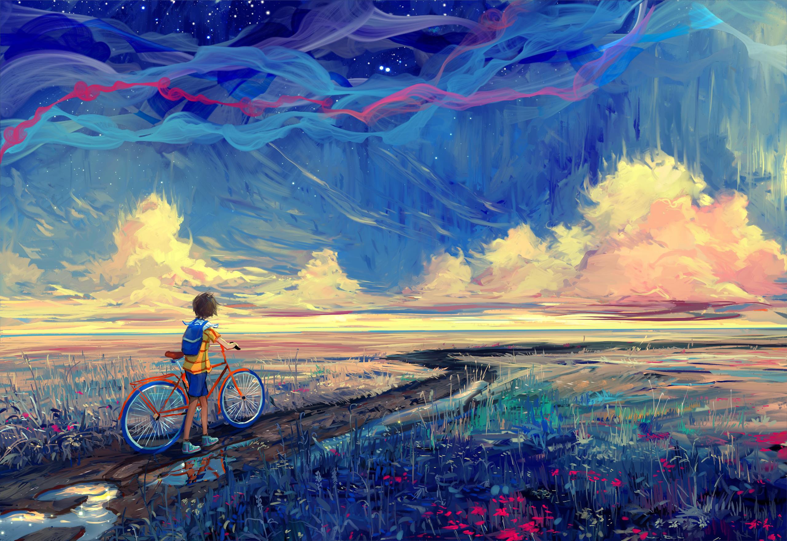 General 2560x1760 bicycle artwork fantasy art painting sky field stars clouds outdoors vehicle path