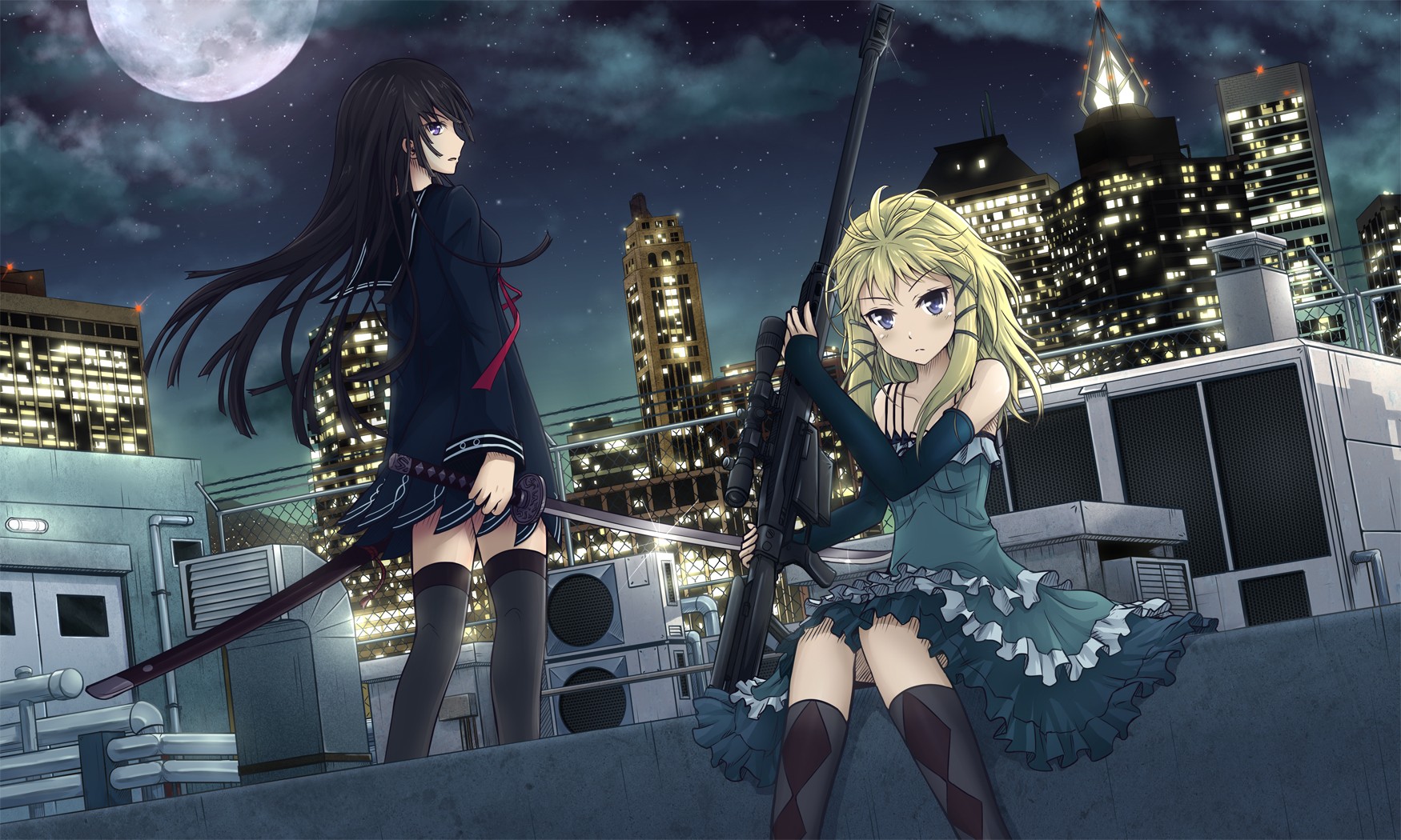 Anime 1750x1050 Black Bullet Tina Sprout Kisara Tendo  anime girls anime sniper rifle two women Moon rooftops girls with guns women with swords weapon blonde black hair sky stockings knees together standing sitting dress long hair katana rifles