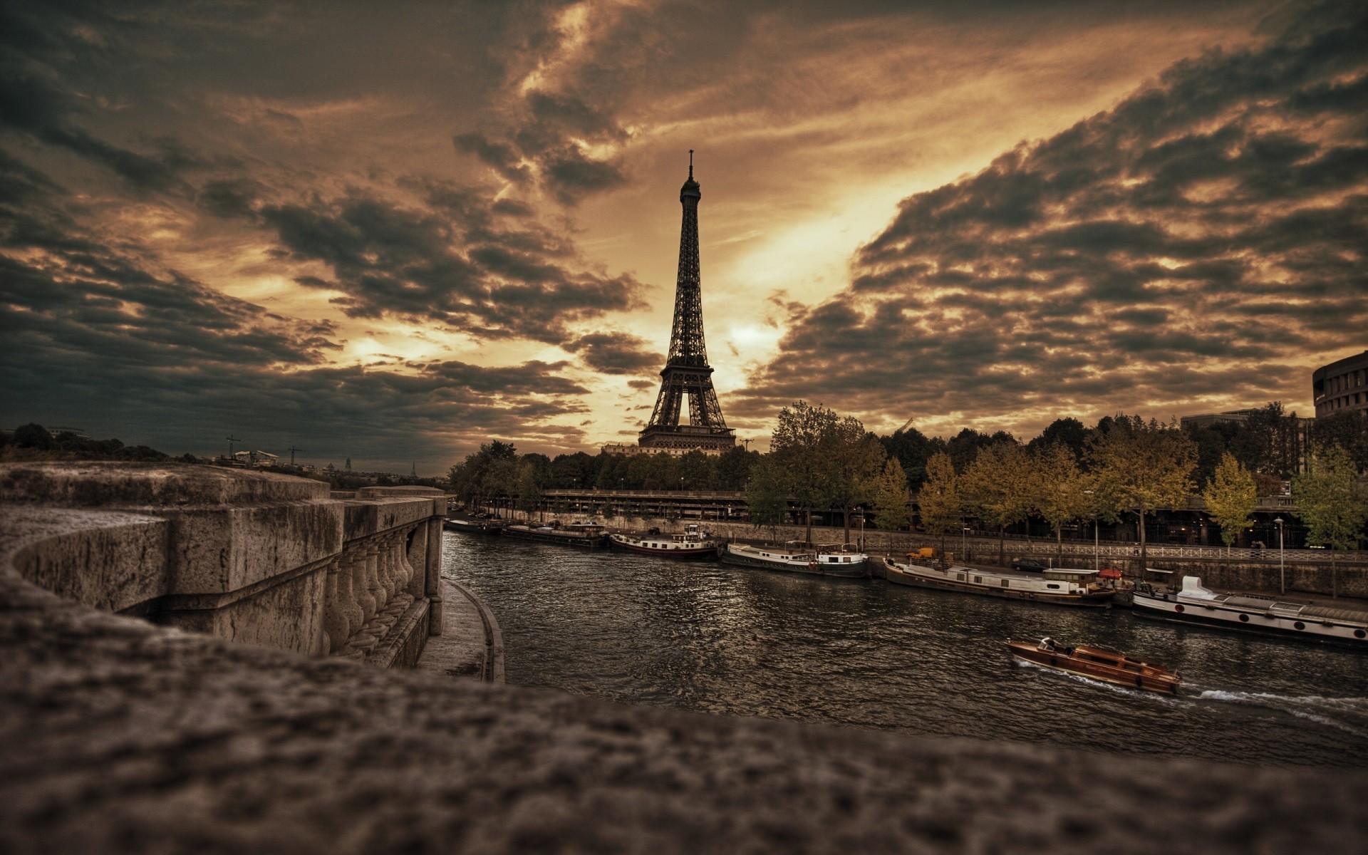 General 1920x1200 city Paris France Eiffel Tower river clouds overcast sunset boat