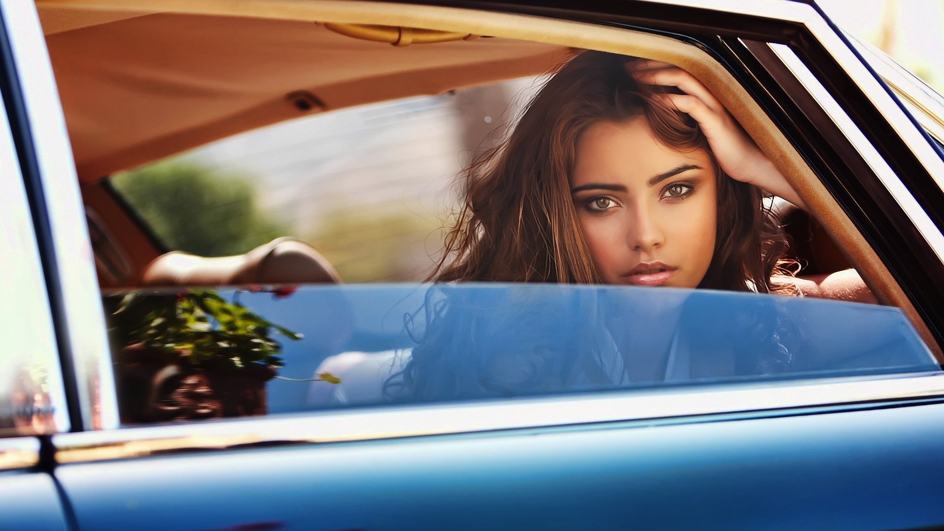 People 1920x1080 portrait eyes face women airbrushed Nataniele Ribeiro women with cars makeup car vehicle looking at viewer hands in hair cropped
