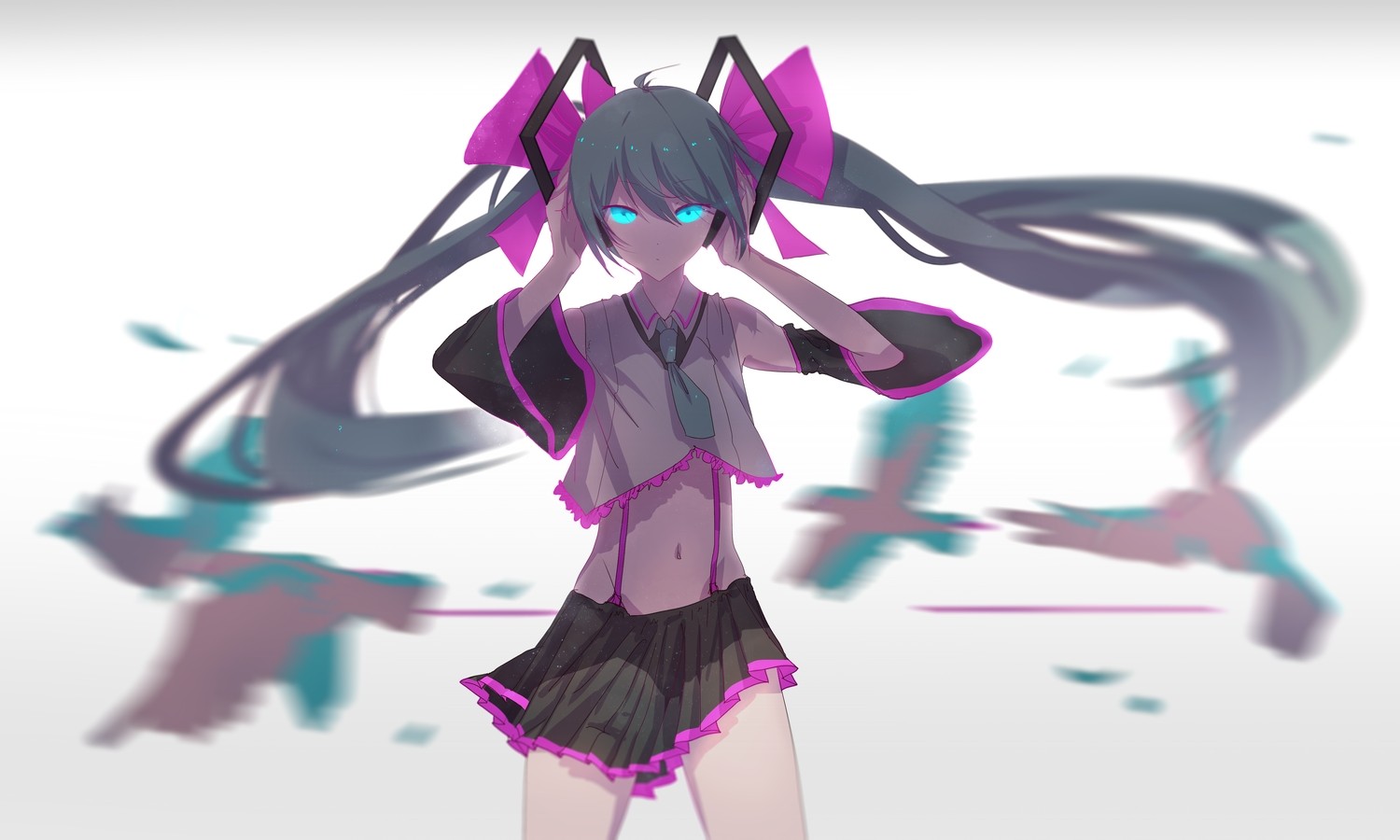 Anime 1500x900 anime Hatsune Miku anime girls Vocaloid long hair aqua eyes white background belly miniskirt looking at viewer tie simple background Ding