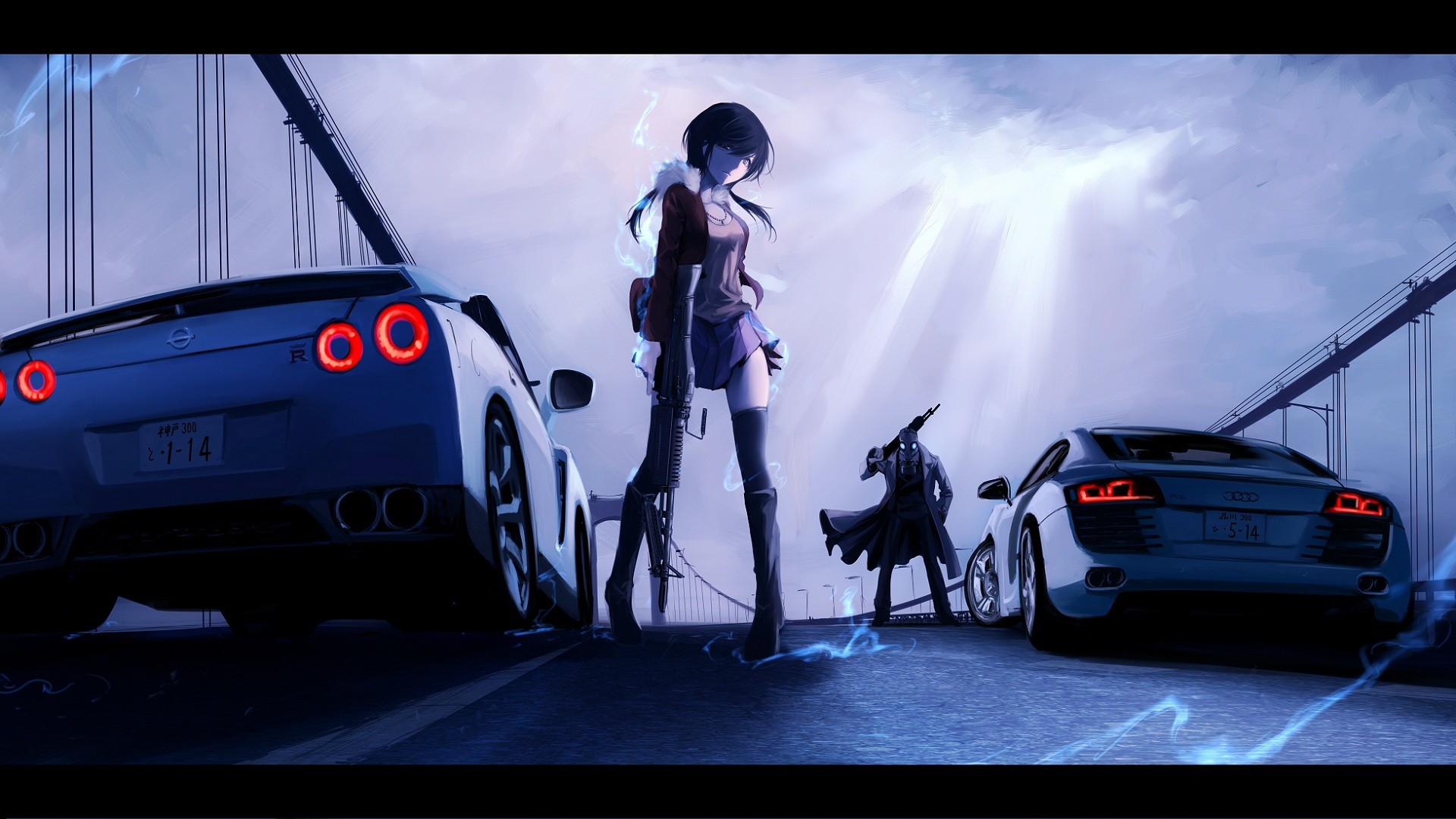 Anime 1920x1080 anime girls car anime vehicle weapon low-angle Nissan GT-R Audi R8 women with cars dark standing Nissan numbers