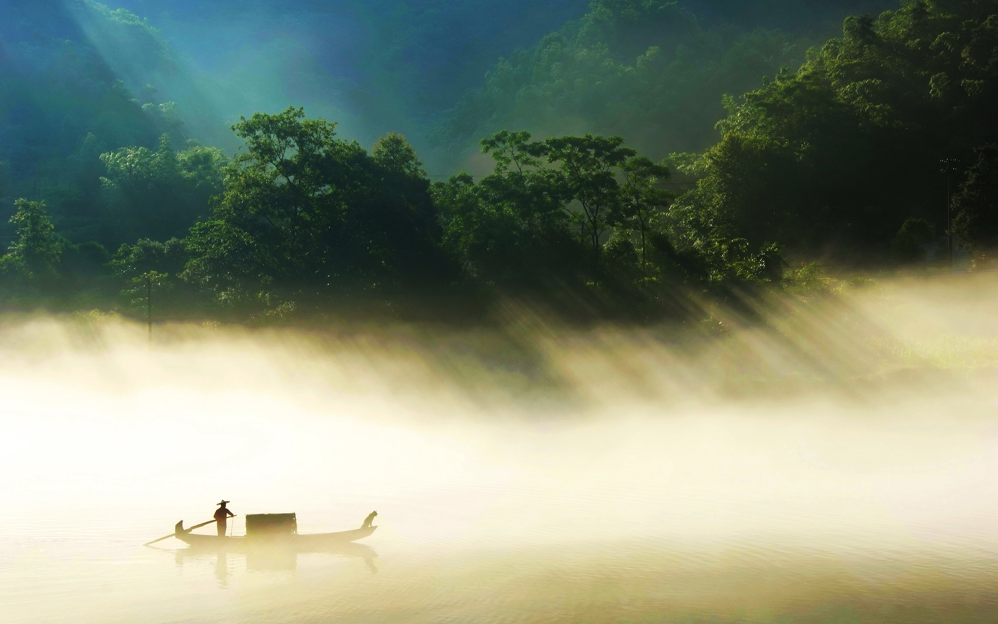 General 3360x2100 landscape nature China rowing forest boat Asia mist