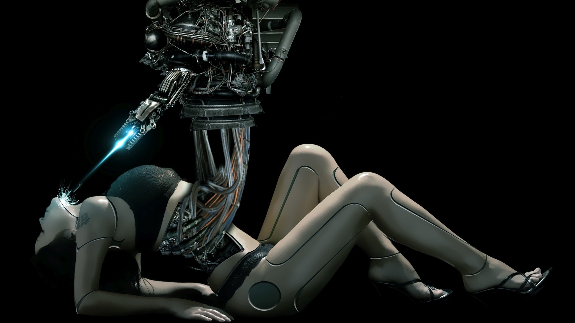 General 1920x1080 robot digital art CGI machine futuristic legs bra simple background women science fiction black background technology