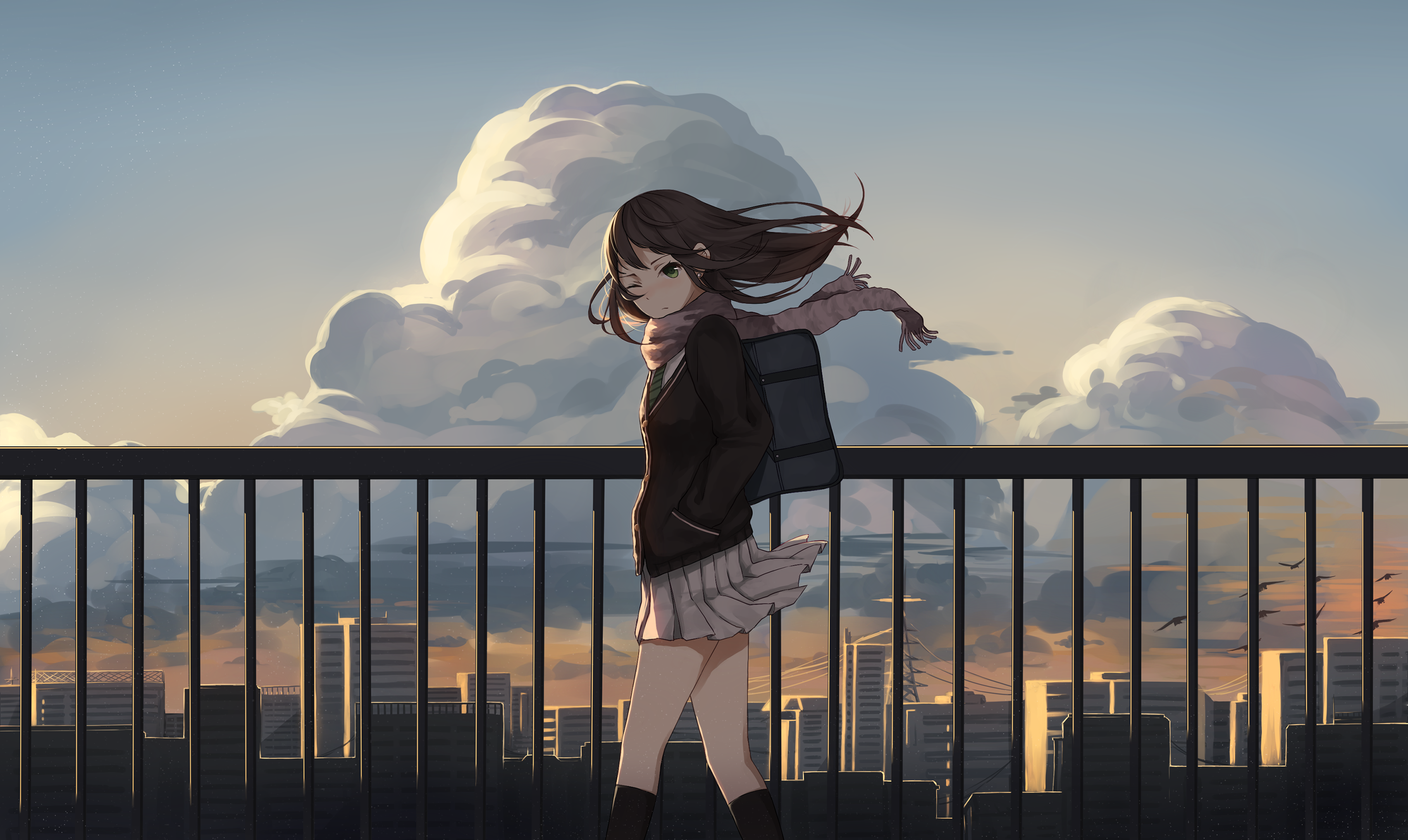 Anime 2953x1762 anime anime girls brunette miniskirt long hair cityscape clouds urban Shibuya Rin THE iDOLM@STER levi9452
