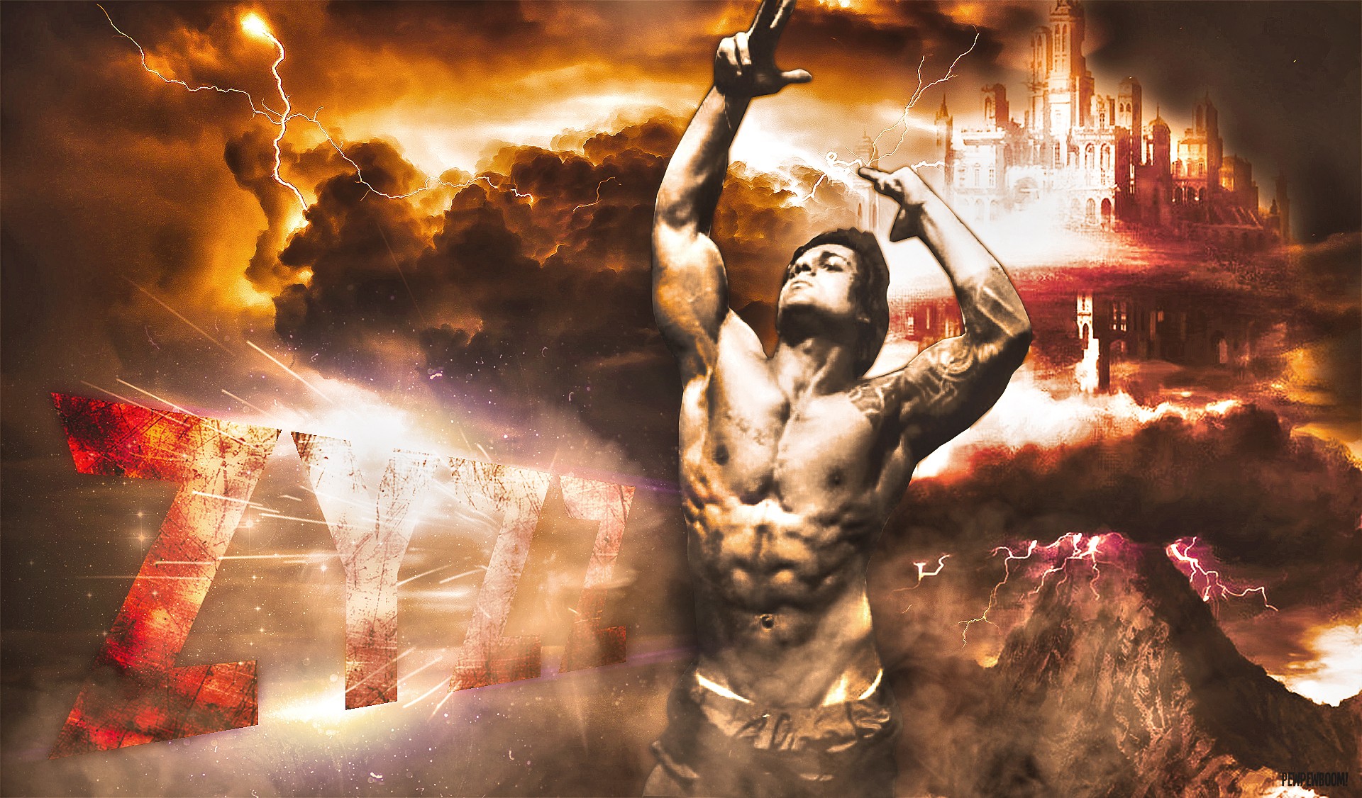 General 1920x1126 Zyzz men muscles arms up digital art typography shirtless