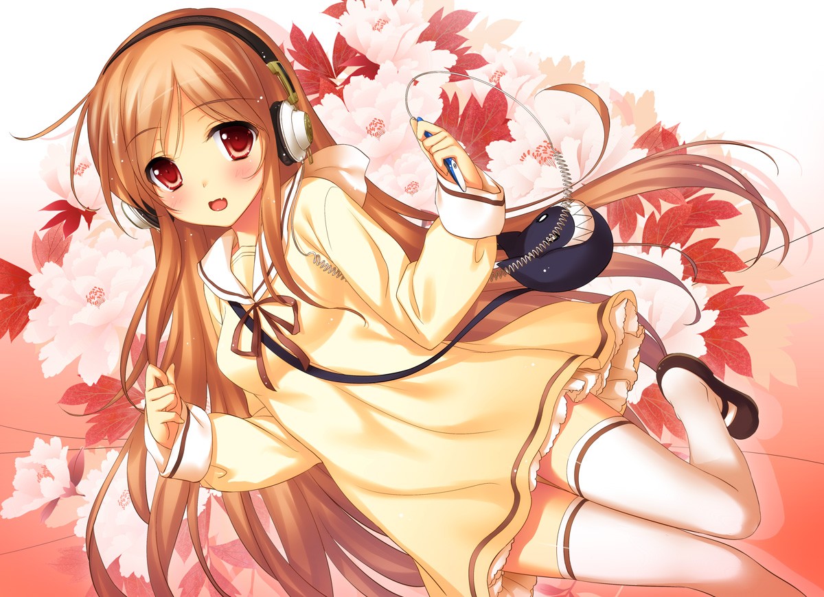 Anime 1200x870 anime girls anime thigh-highs long hair headphones red eyes leaves legs together minidress yellow dress looking at viewer brunette