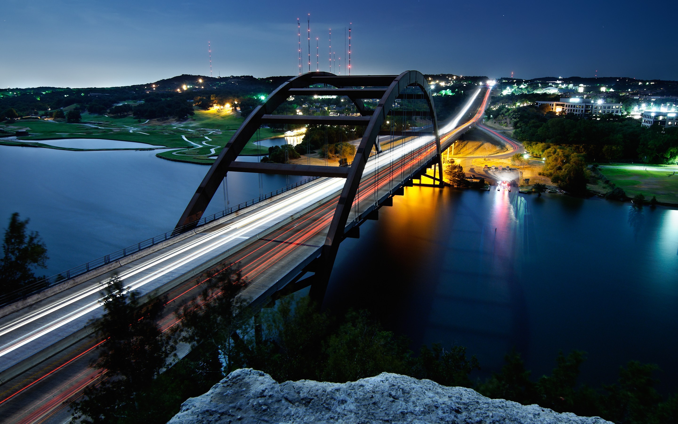 General 2880x1800 city urban Austin (Texas) long exposure bridge river Pennybacker Bridge construction Texas USA lights water