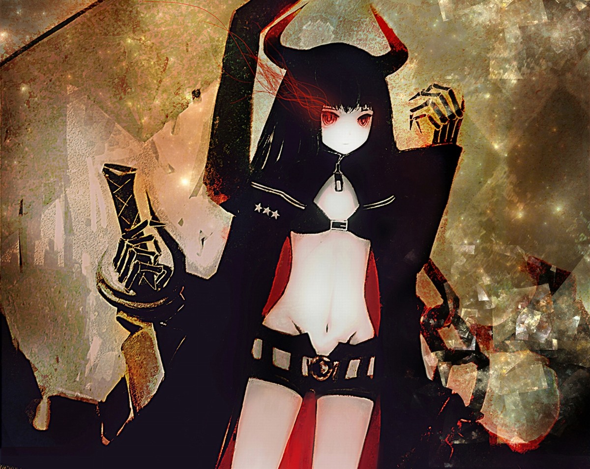 Anime 1200x954 Black Rock Shooter Black Gold Saw anime girls anime belly horns red eyes glowing eyes pants