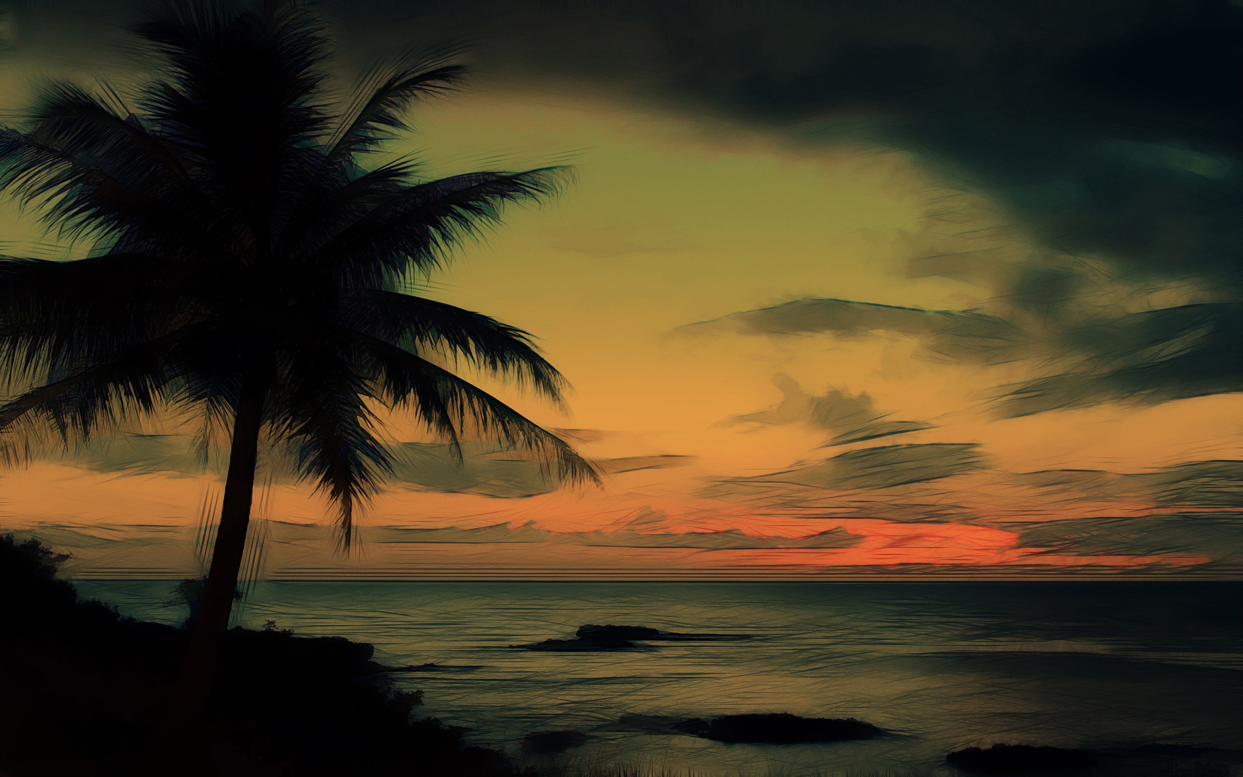General 2560x1600 beach digital art effects photoshopped sky sunlight dark palm trees