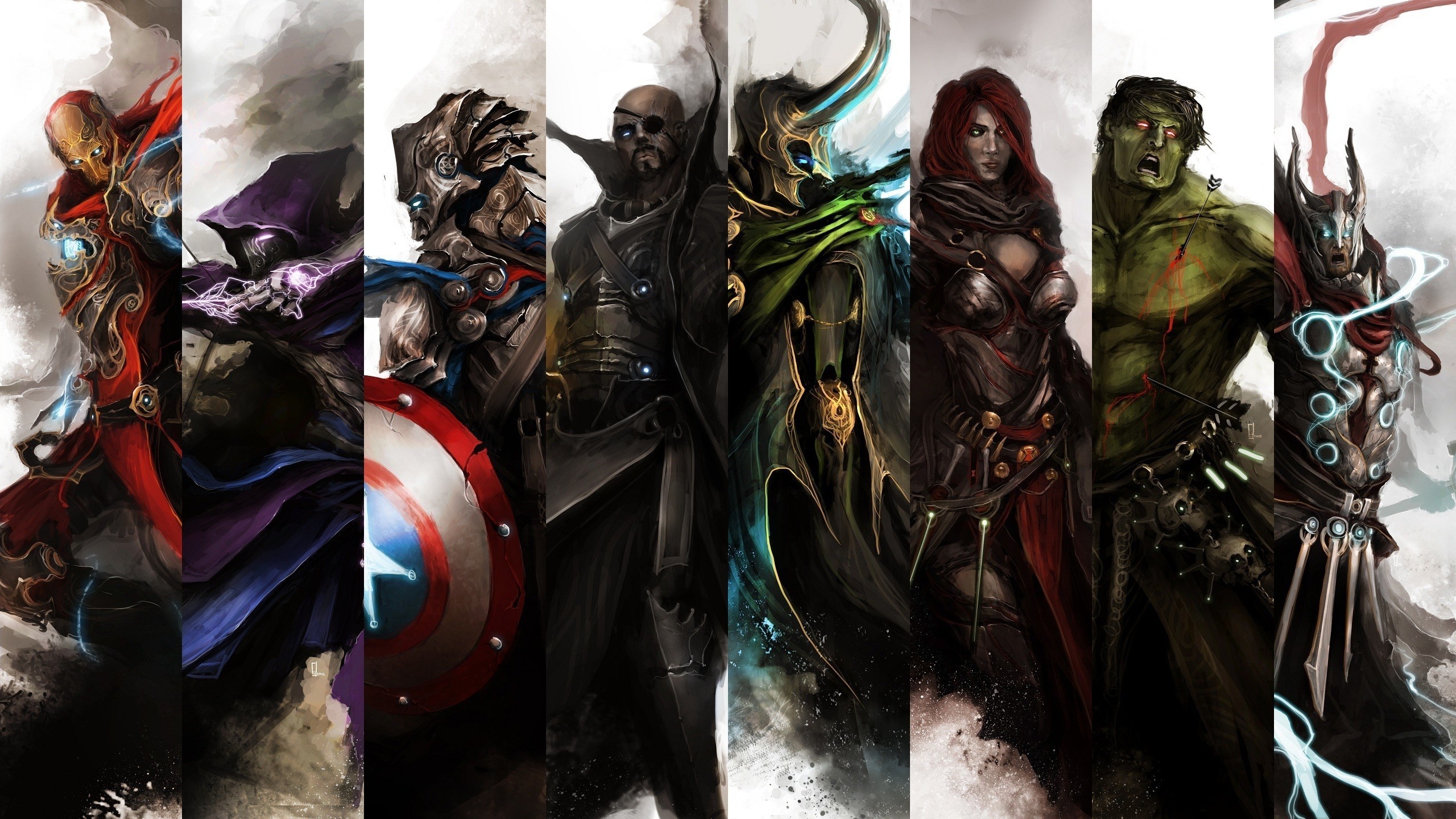 General 2560x1440 The Avengers Iron Man Thor Hulk Black Widow Captain America Hawkeye Nick Fury Loki line-up video games collage superhero superheroines Marvel Comics