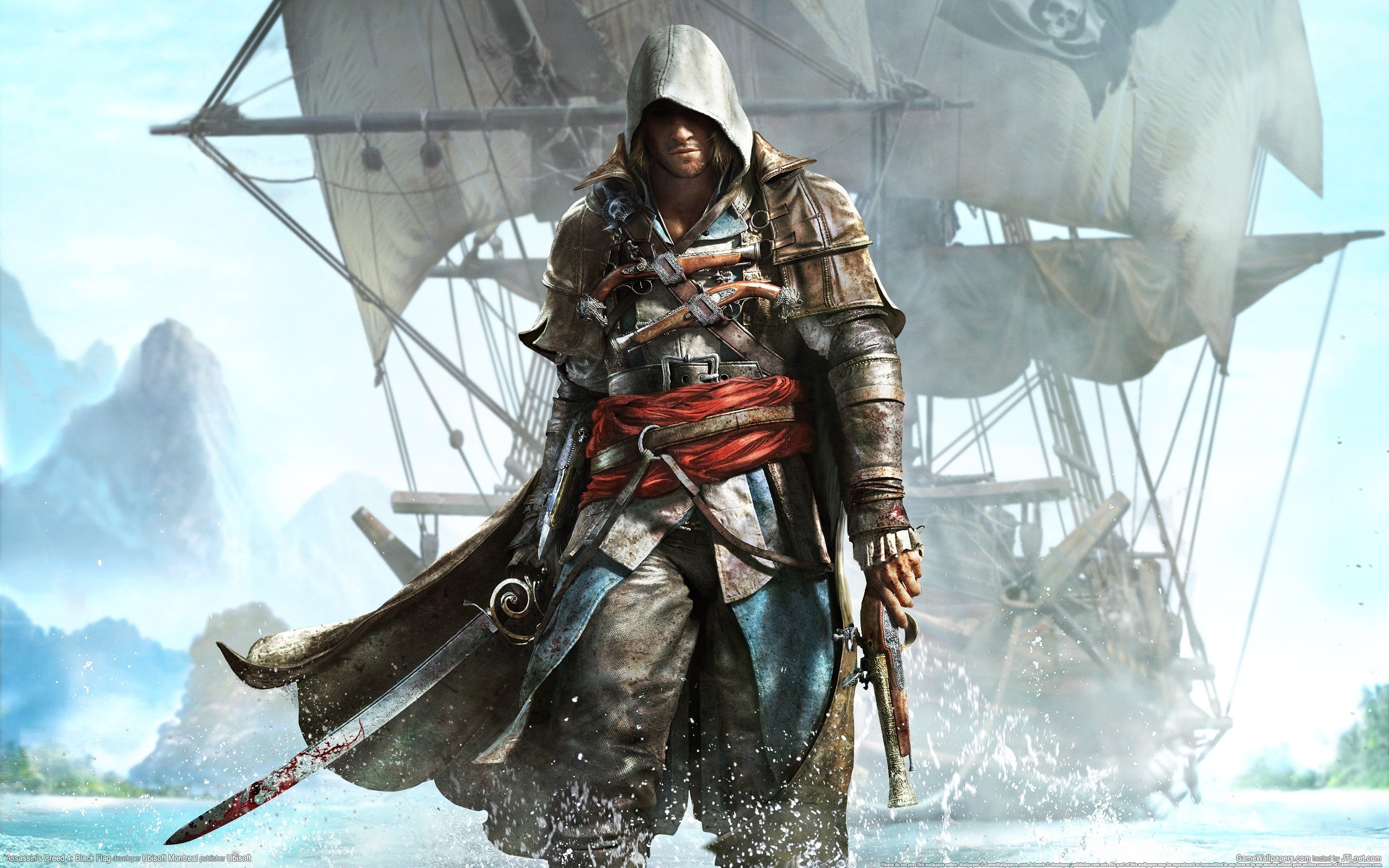 General 2560x1600 video games Assassin's Creed video game art sailing ship gun hoods PC gaming Ubisoft video game men blood dual wield
