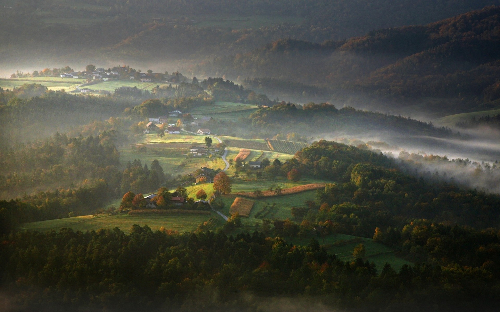 General 1920x1200 nature mist landscape fall village forest morning mountains valley Slovenia