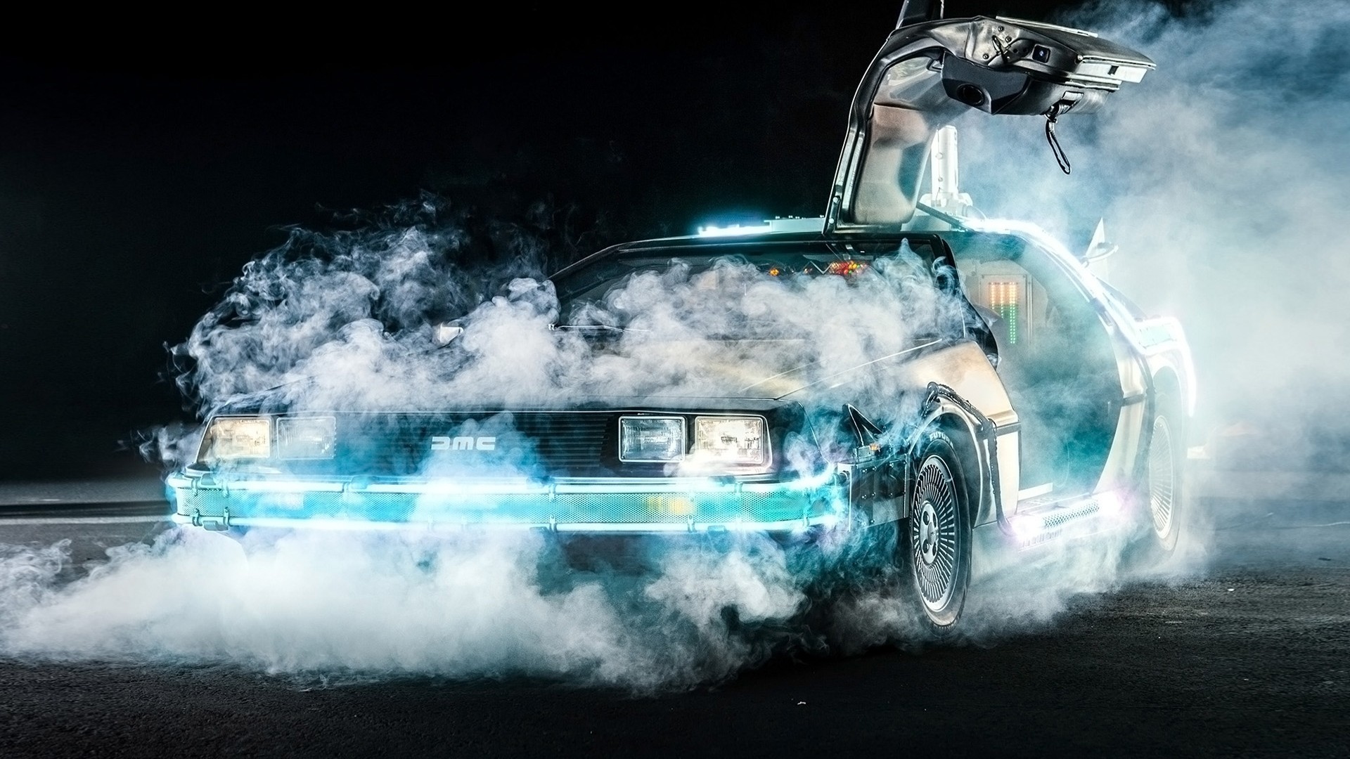General 1920x1080 Back to the Future DeLorean time travel car movies smoke cyan black night Time Machine vehicle