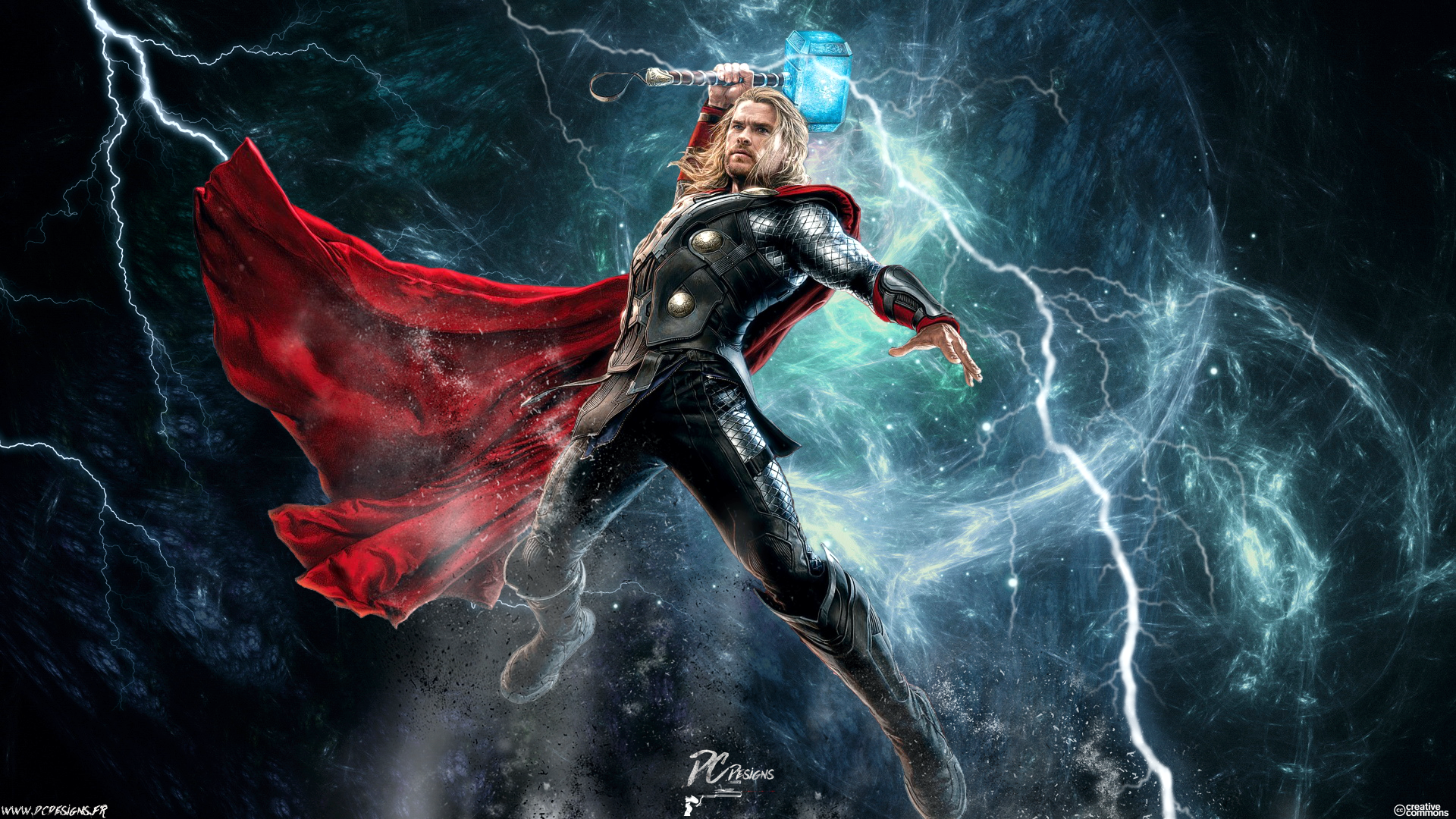 People 1920x1080 Thor Chris Hemsworth lightning Mjolnir cyan cape Marvel Cinematic Universe movies actor men superhero