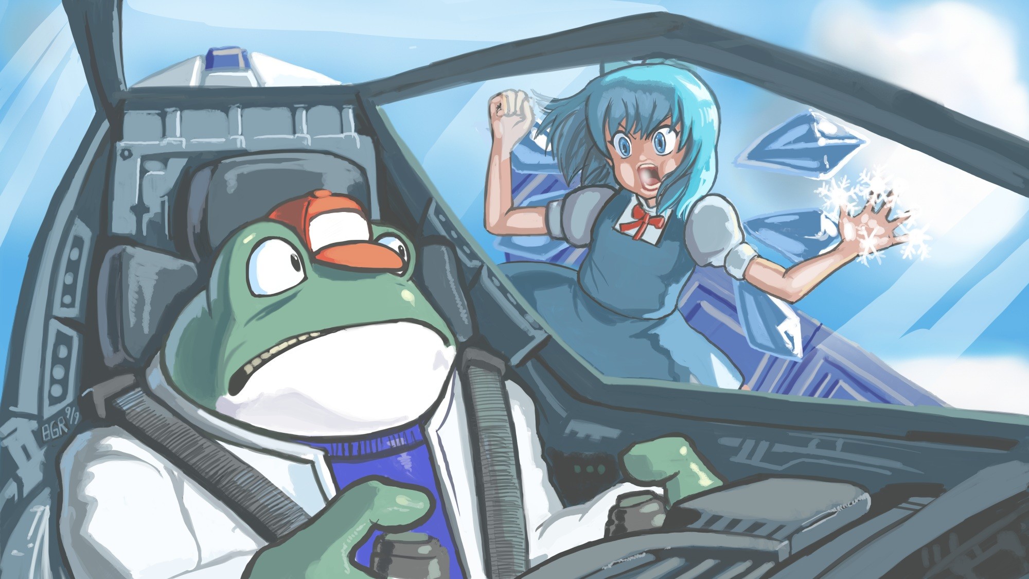 Anime 2000x1125 anime anime girls Touhou Cirno Star Fox crossover video game art video games blue hair vehicle blue eyes cockpit