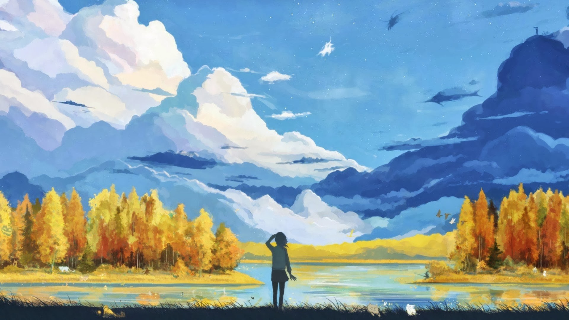 General 1920x1080 artwork anime girls anime fall sky clouds cyan yellow lake