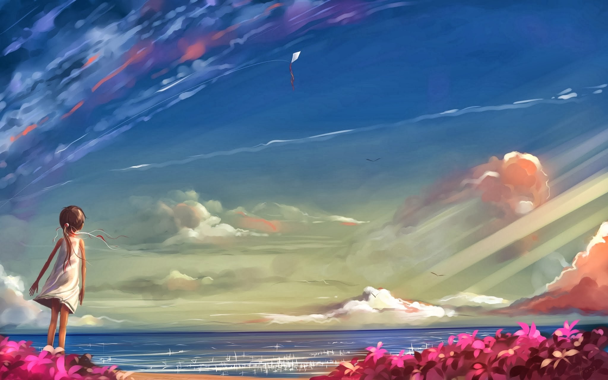 General 2048x1280 beach sky clouds sea horizon children digital art