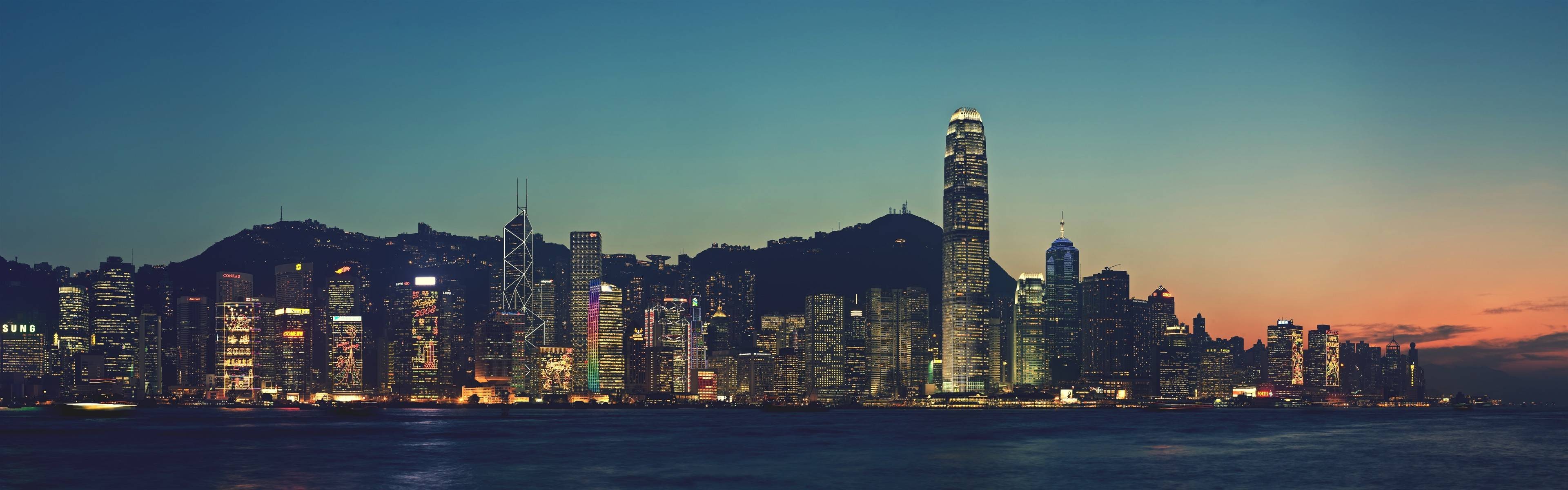 General 3840x1200 cityscape city Hong Kong night multiple display lights sky water China city lights