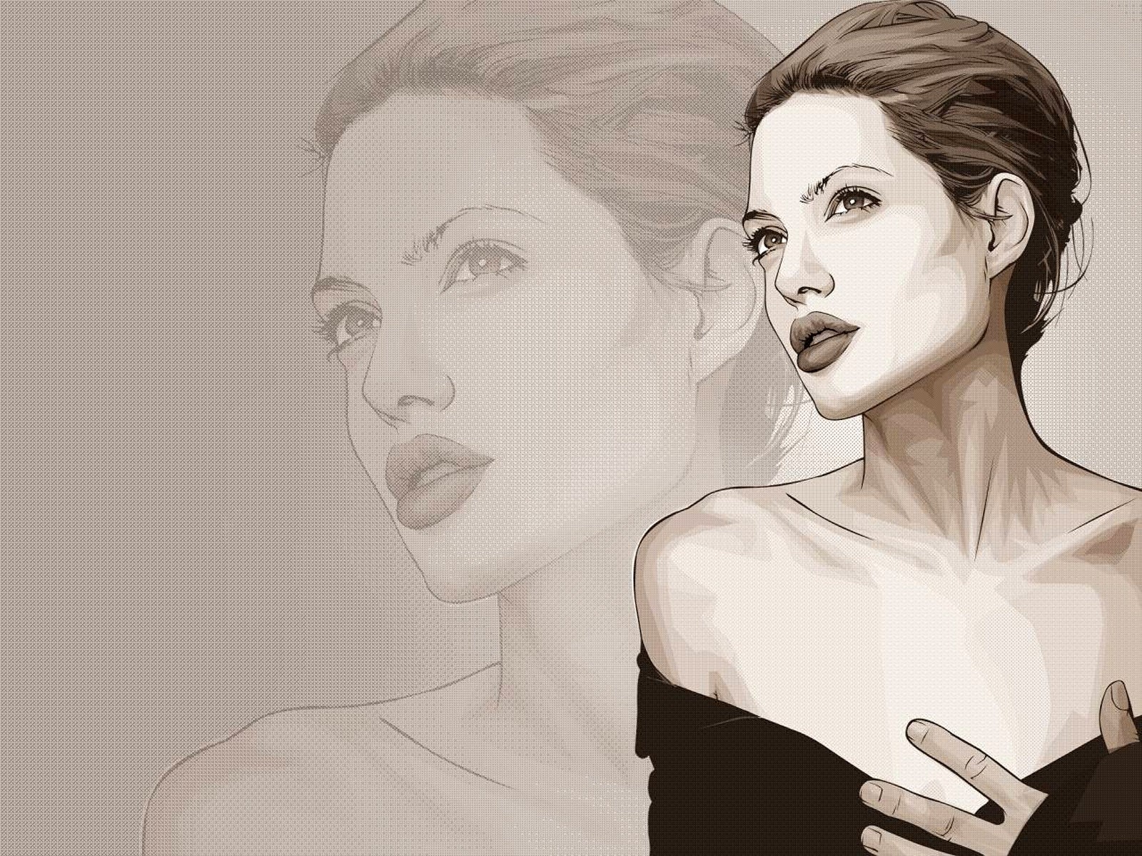 General 1600x1200 artwork Angelina Jolie actress American women face portrait bare shoulders brunette looking up women digital art juicy lips looking away short hair collarbone parted lips