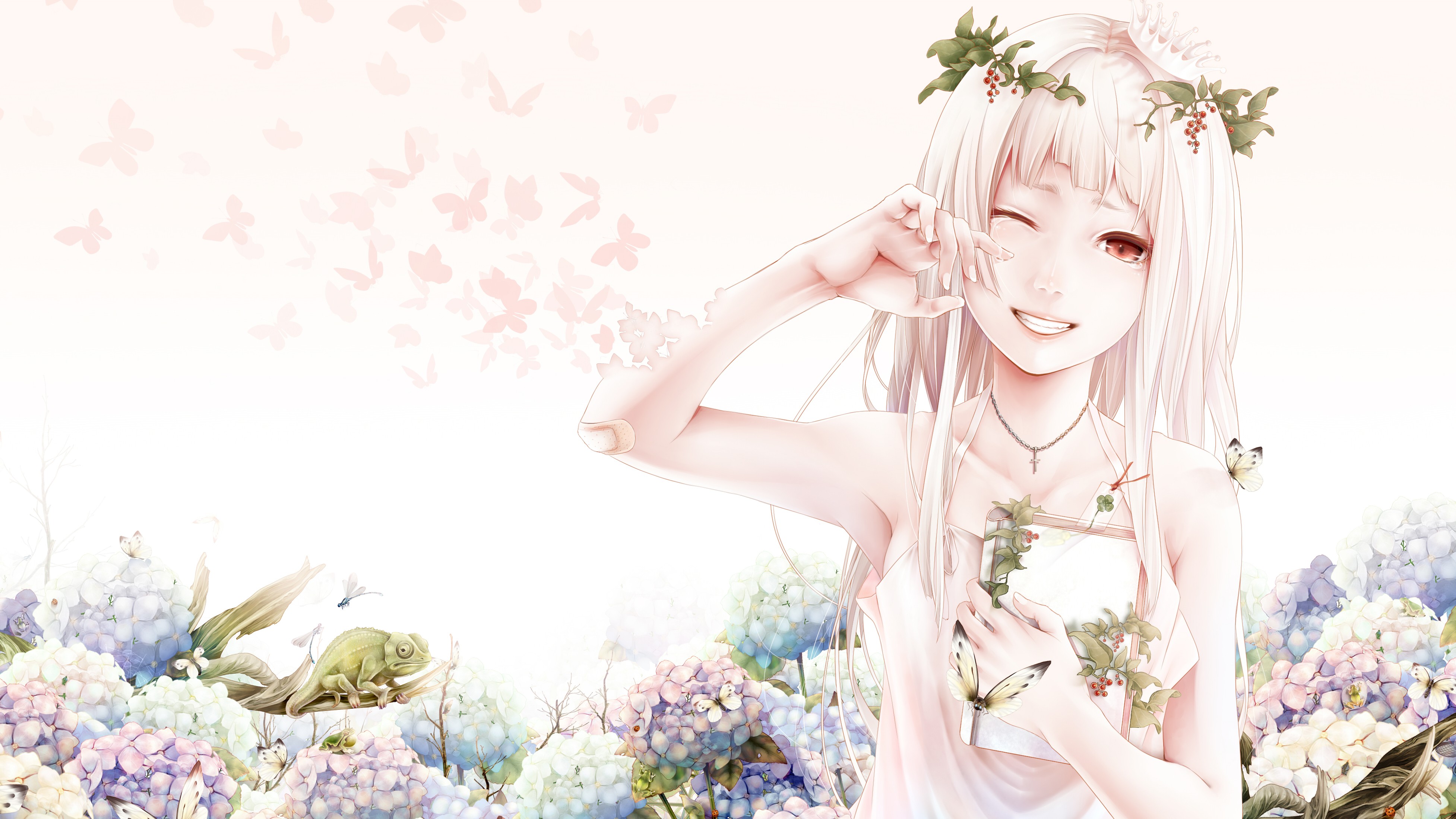 Anime 3908x2198 anime girls red eyes plants anime animals gecko smiling long hair one eye closed white background simple background tears