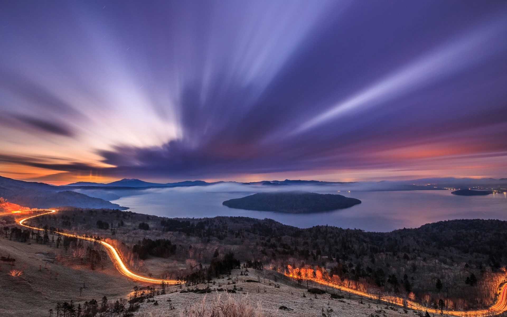General 1920x1200 nature landscape long exposure sunset clouds hills mountains water lake light trails road trees forest island mist