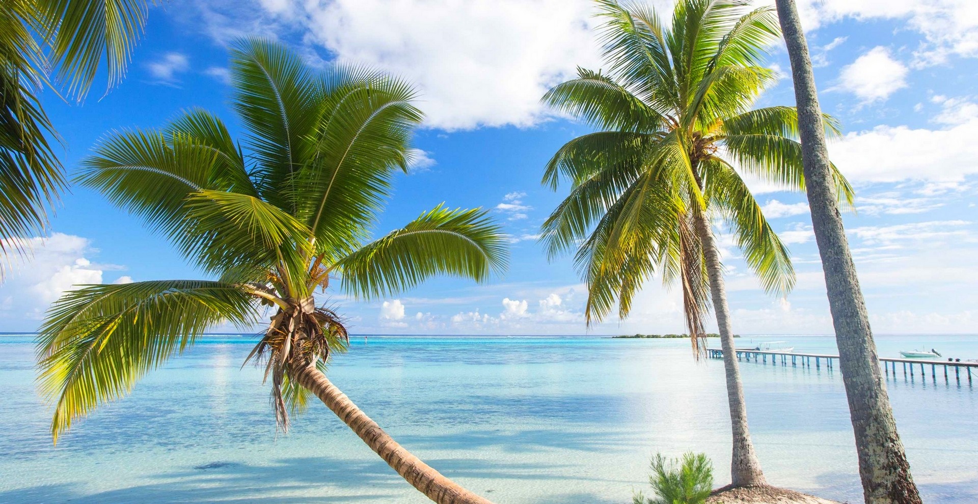 General 1920x990 nature French Polynesia summer beach dock palm trees sea tropical Bora Bora clouds daylight