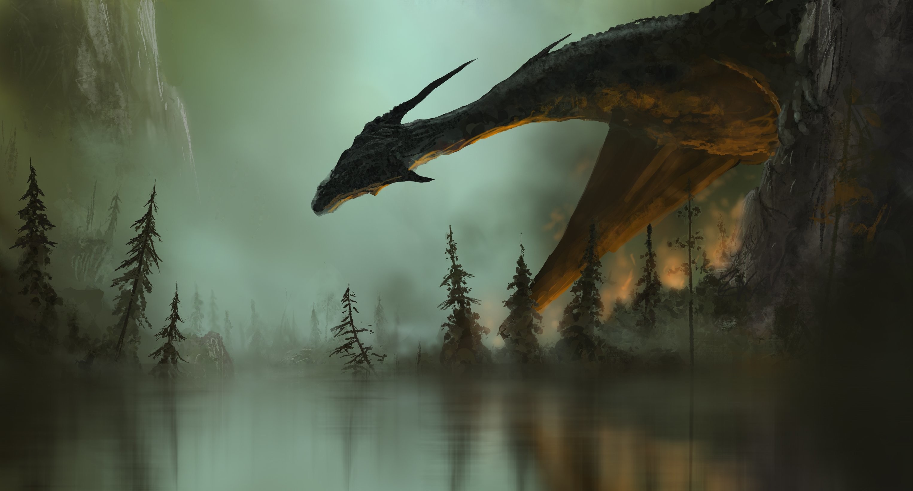 General 3051x1641 artwork digital art dragon creature landscape fantasy art