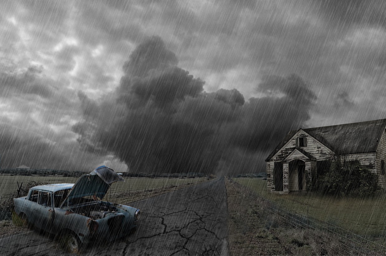 General 1240x825 landscape rain old building old car road storm car vehicle wreck ruins sky clouds artwork