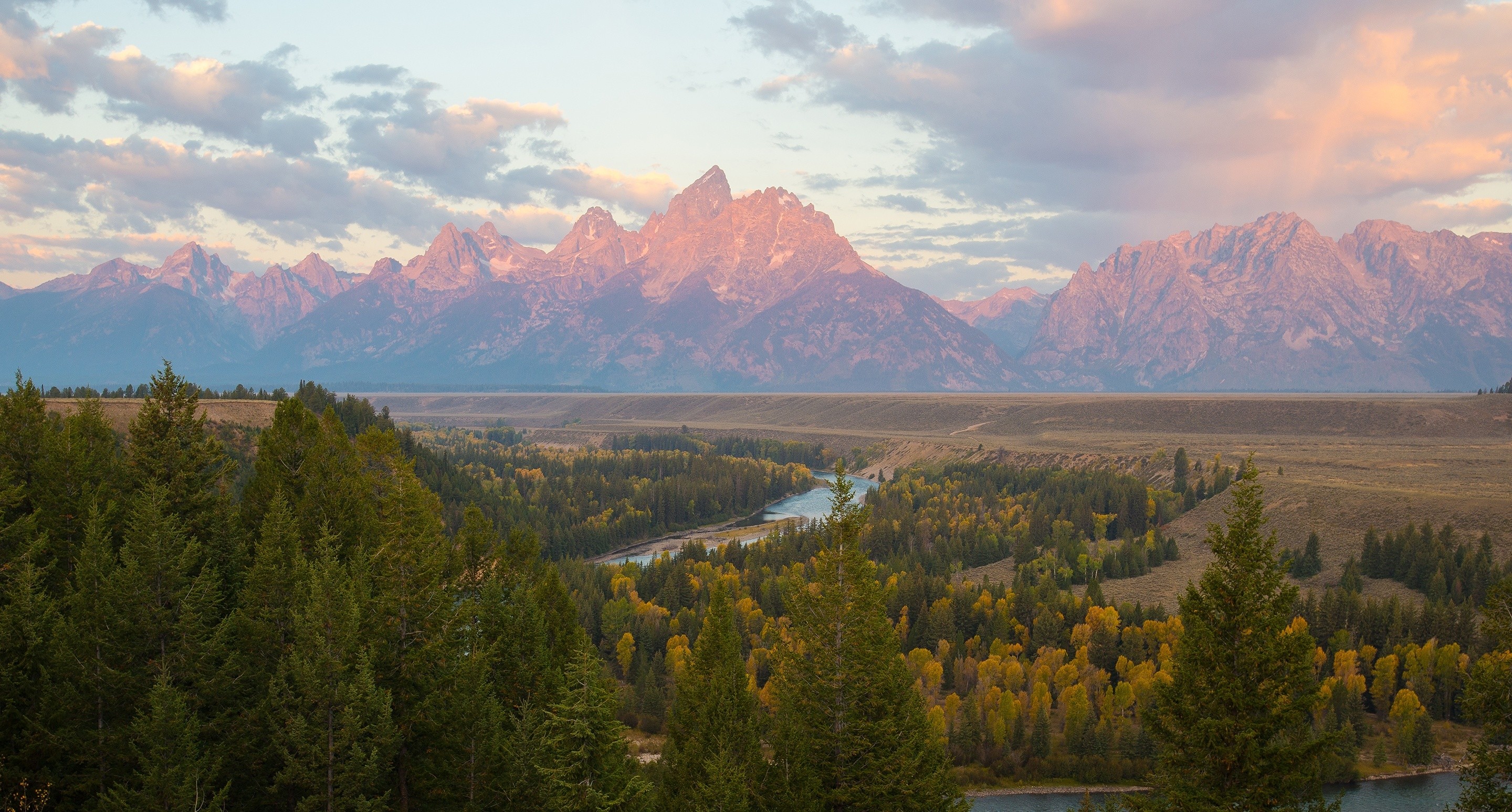 General 2880x1547 nature landscape forest mountains river Snake River overlook Grand Teton National Park Wyoming USA