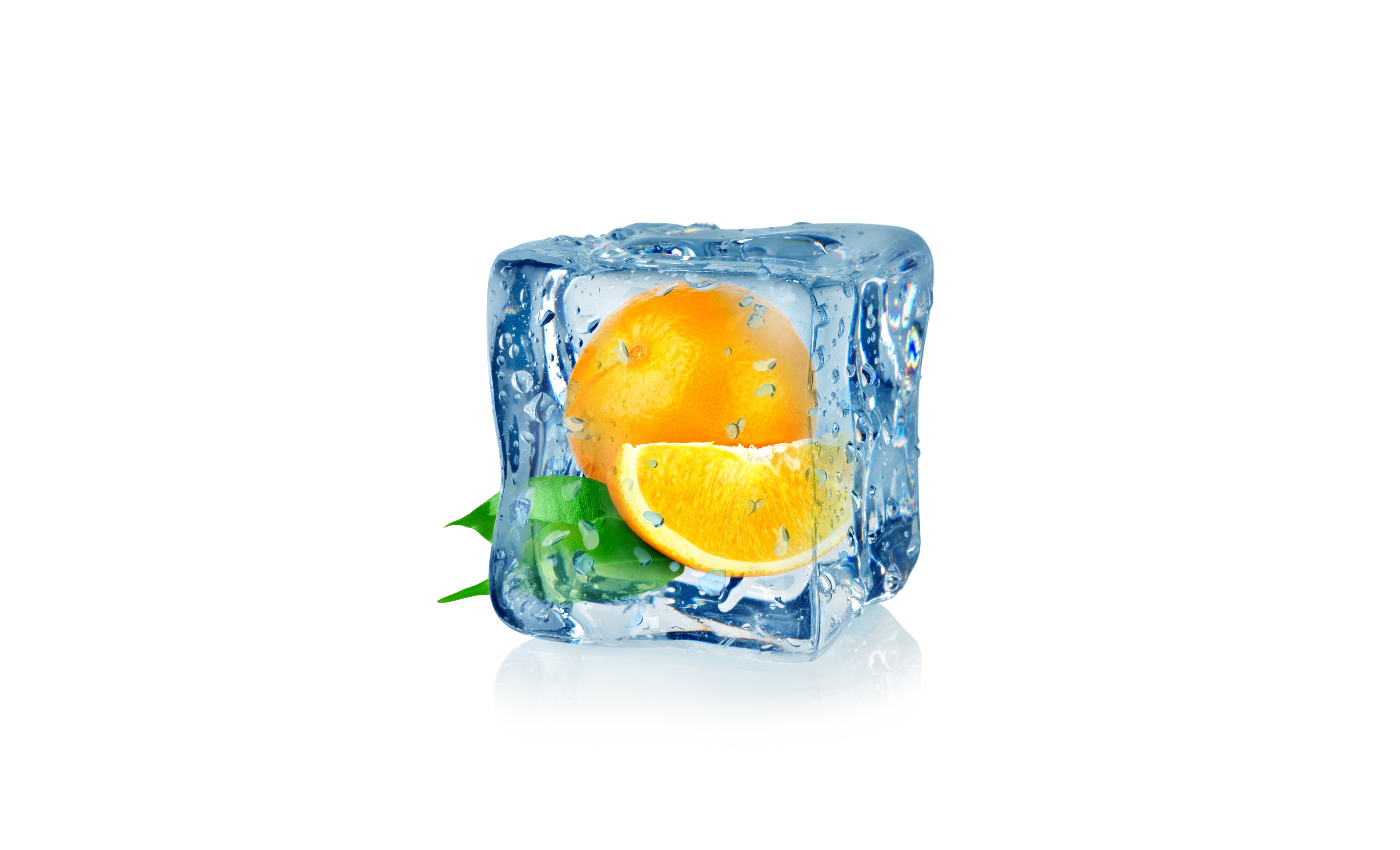 General 5928x3597 minimalism white background fruit digital art ice cubes orange (fruit) leaves water drops 3D Blocks simple background food CGI