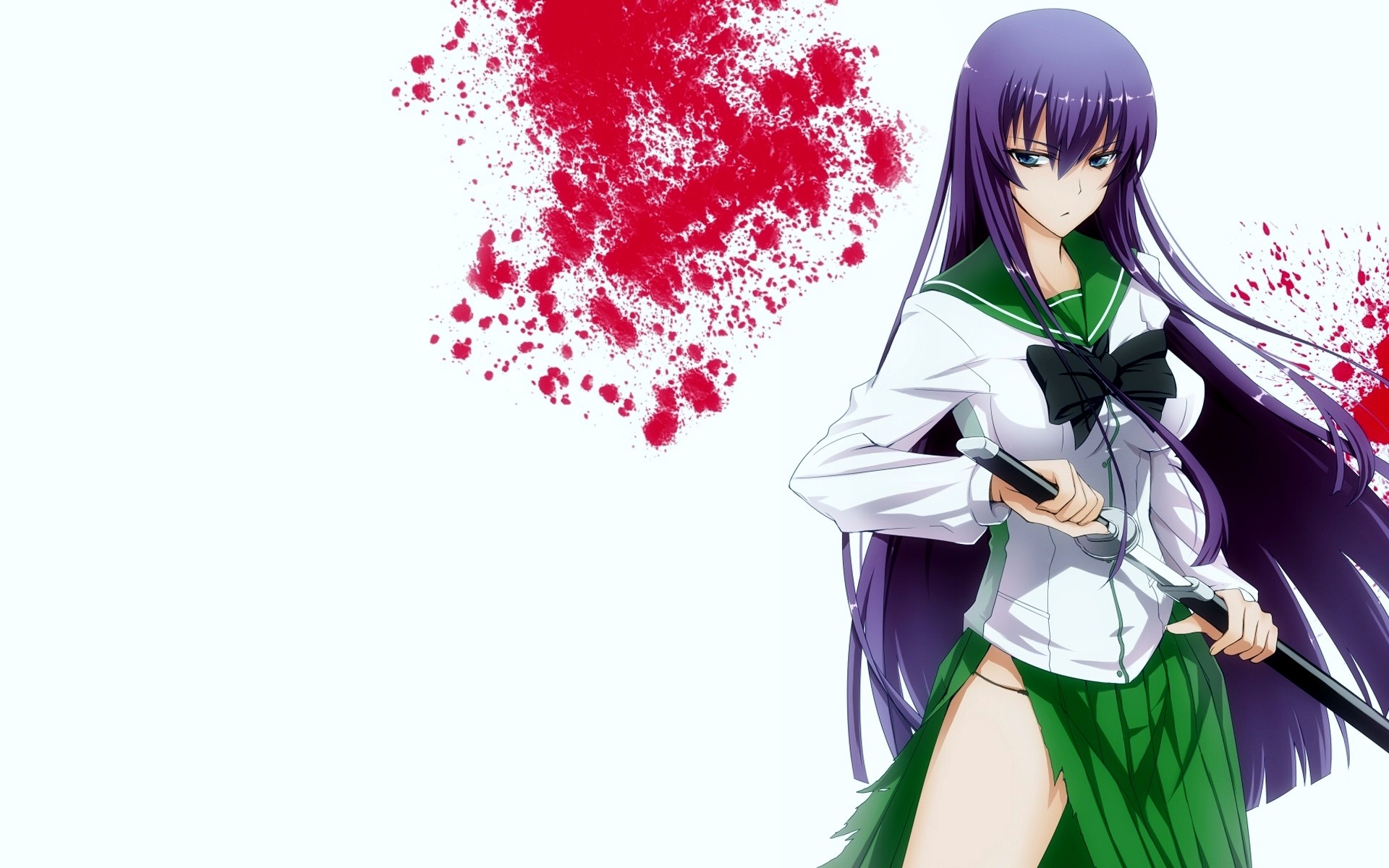Anime 1920x1200 Highschool of the Dead anime Busujima Saeko anime girls blood blood spatter purple hair long hair sword women with swords weapon blue eyes torn clothes standing white background
