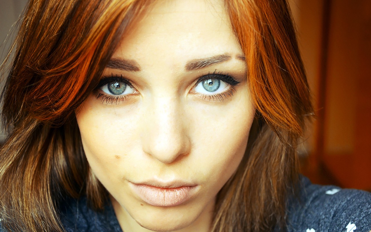 People 1280x800 women redhead blue eyes Lana Branishti dyed hair portrait face women indoors indoors looking at viewer closeup