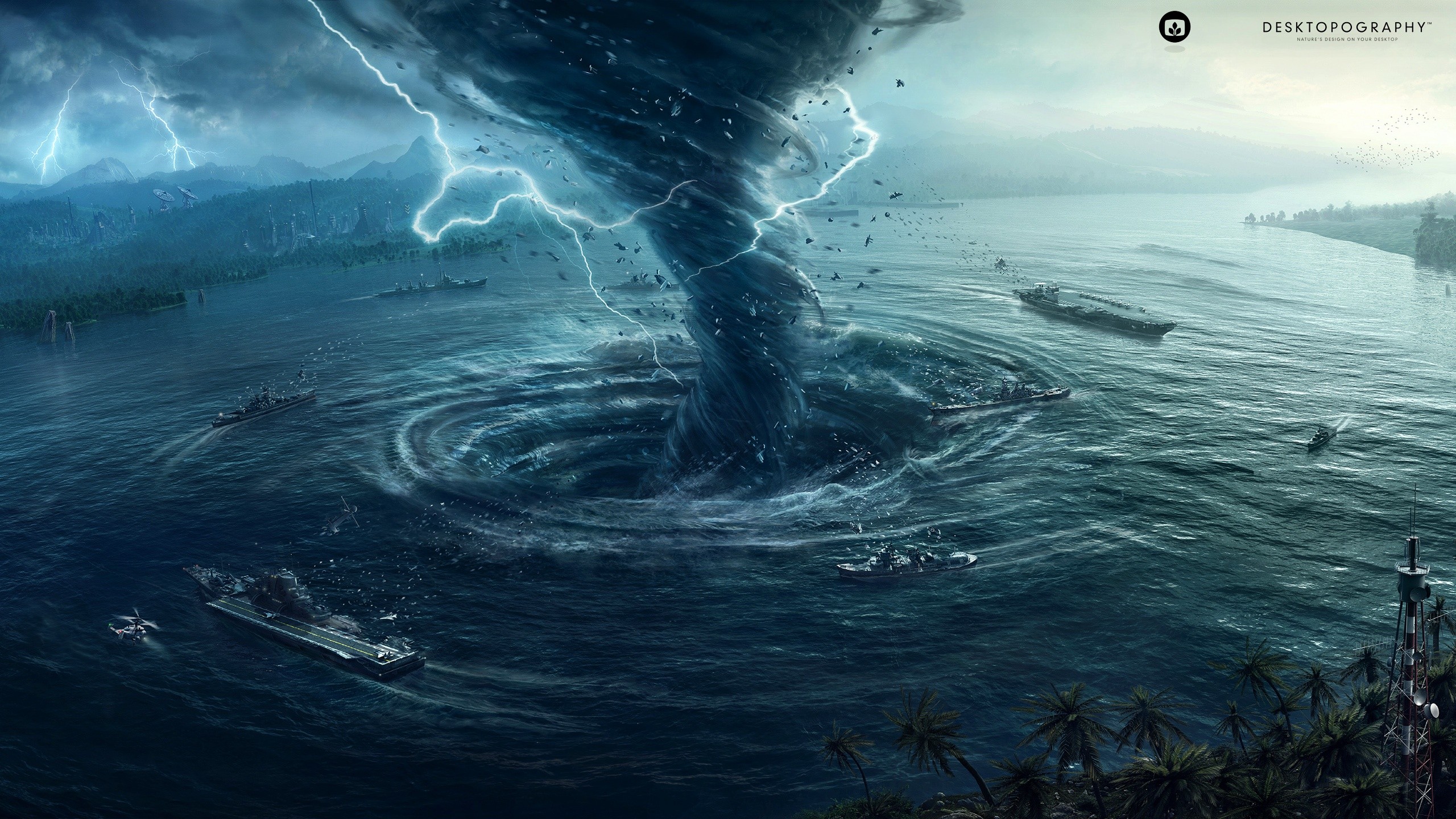 General 2560x1440 sea tornado nature water digital art storm lightning ship mountains palm trees vortex whirling aircraft carrier aircraft helicopters satellite trees forest aerial view apocalyptic