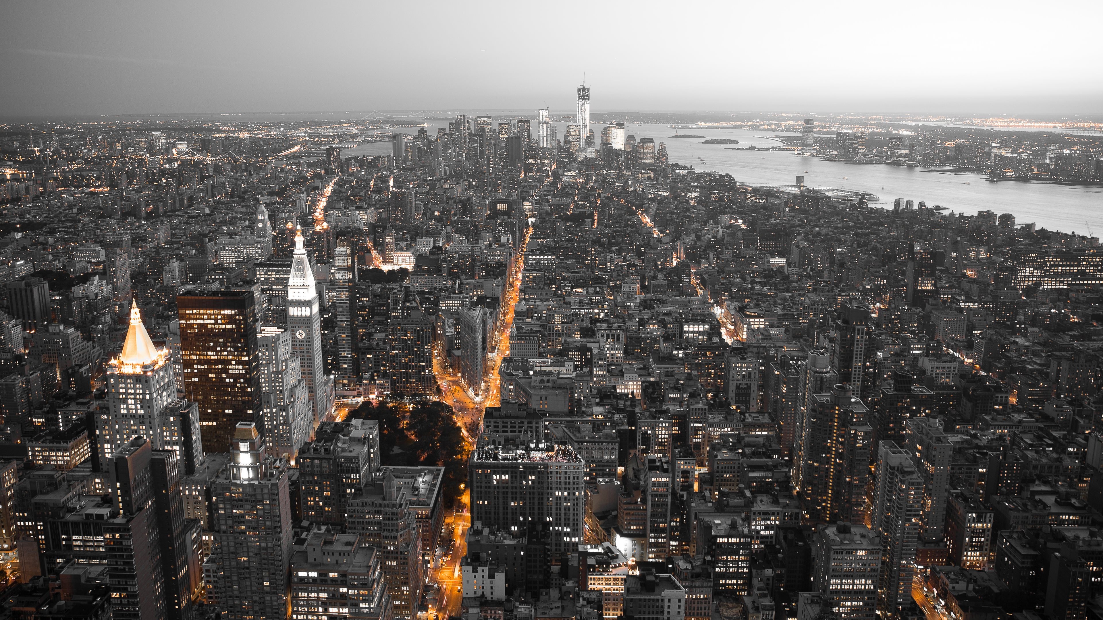 General 3840x2160 cityscape black white New York City orange USA aerial view photography selective coloring