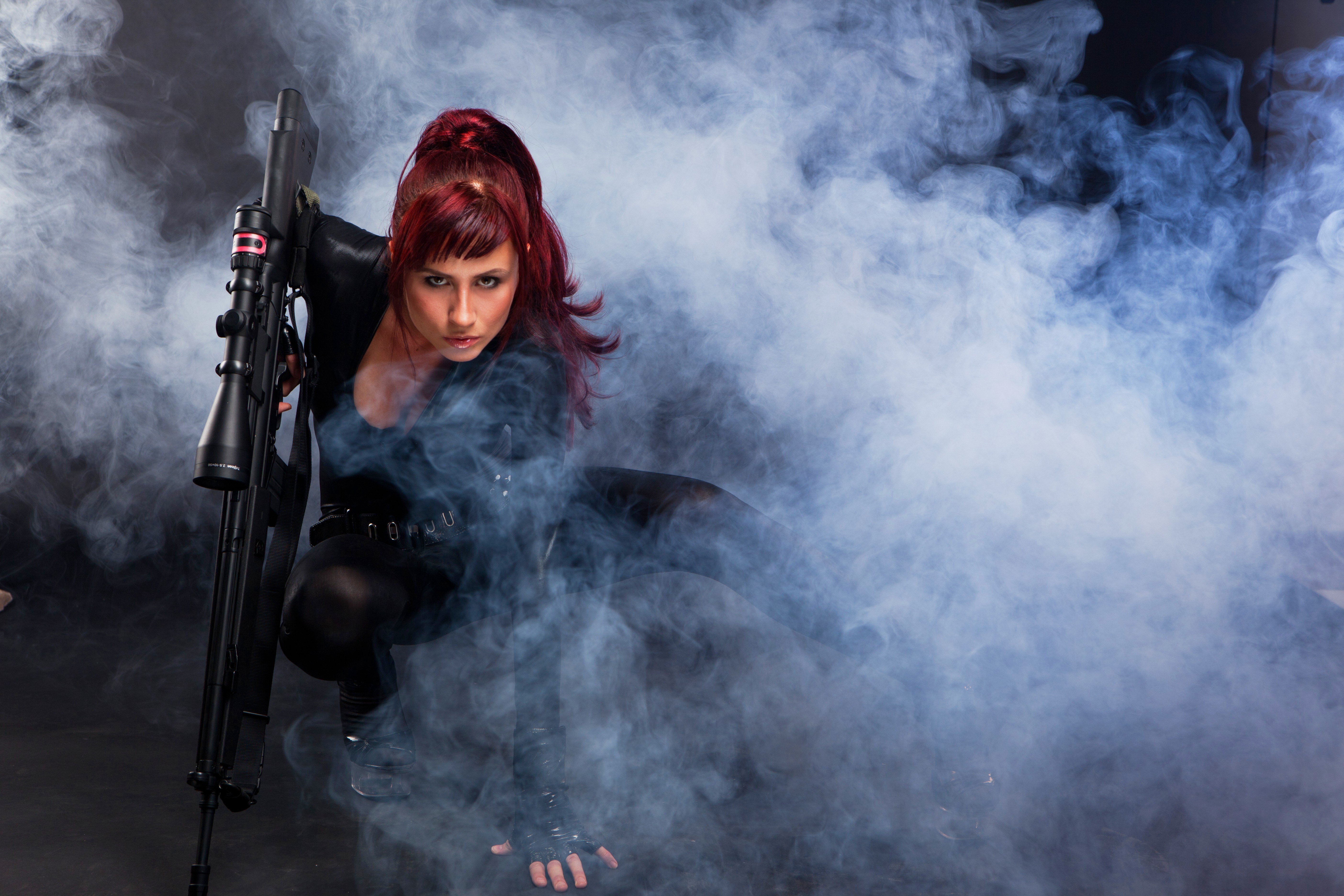 People 5616x3744 redhead sniper rifle women smoke model weapon cosplay Black Widow frontal view DeviantArt girls with guns