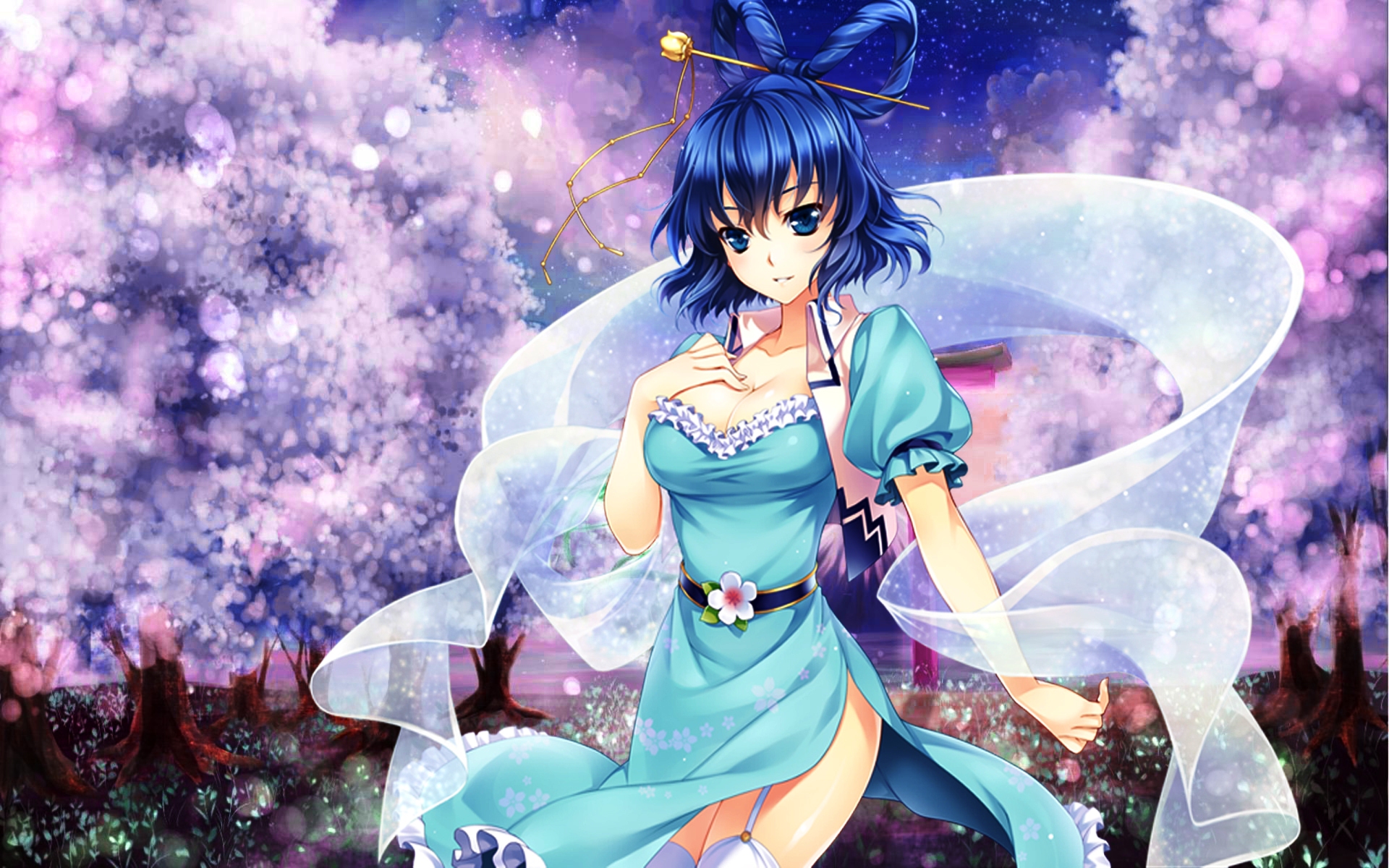 Anime 1920x1200 anime girls anime Kaku Seiga Touhou blue hair fantasy art fantasy girl colorful dress trees blue eyes standing