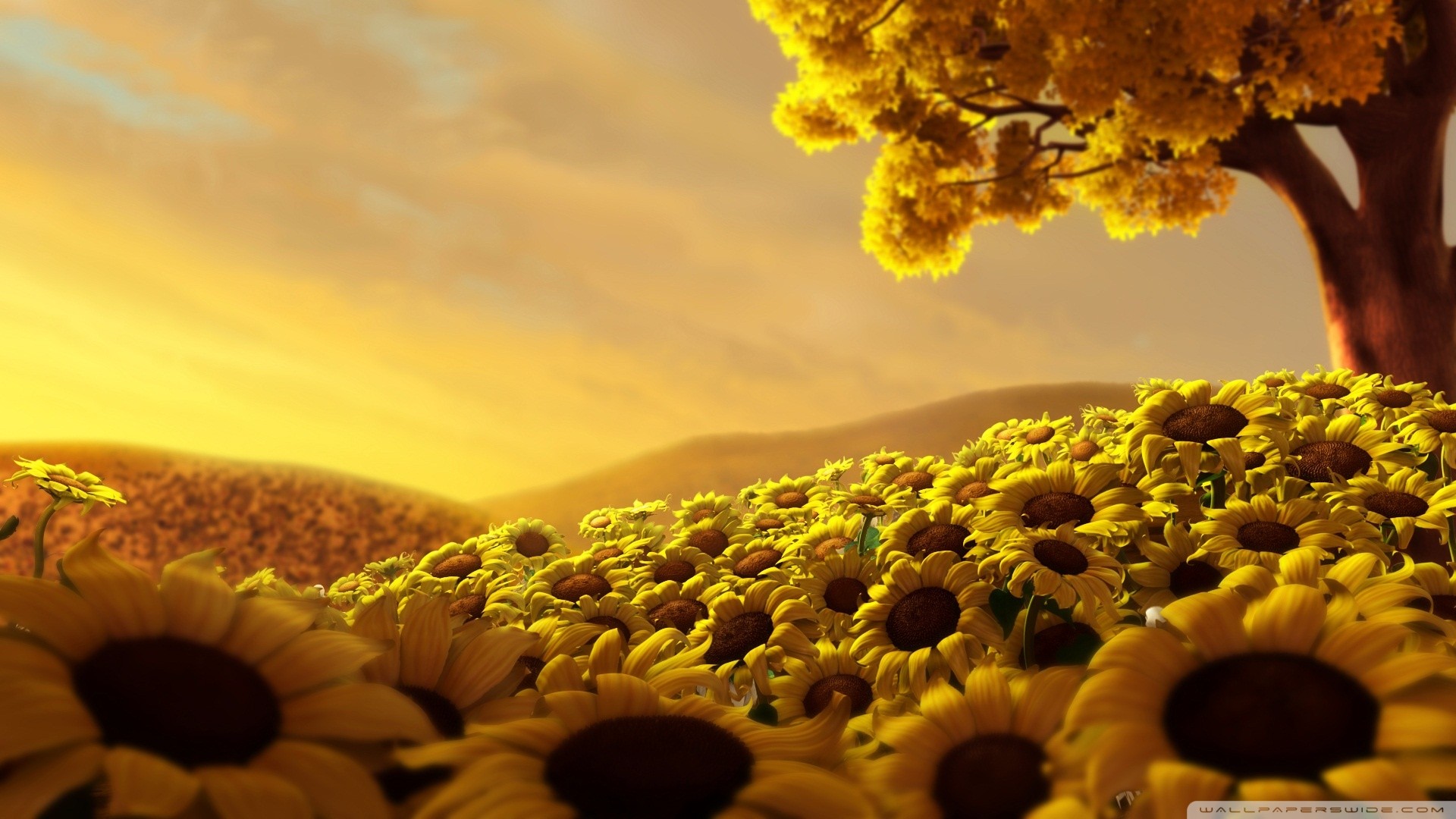 General 1920x1080 sunflowers flowers trees plants digital art CGI sunlight