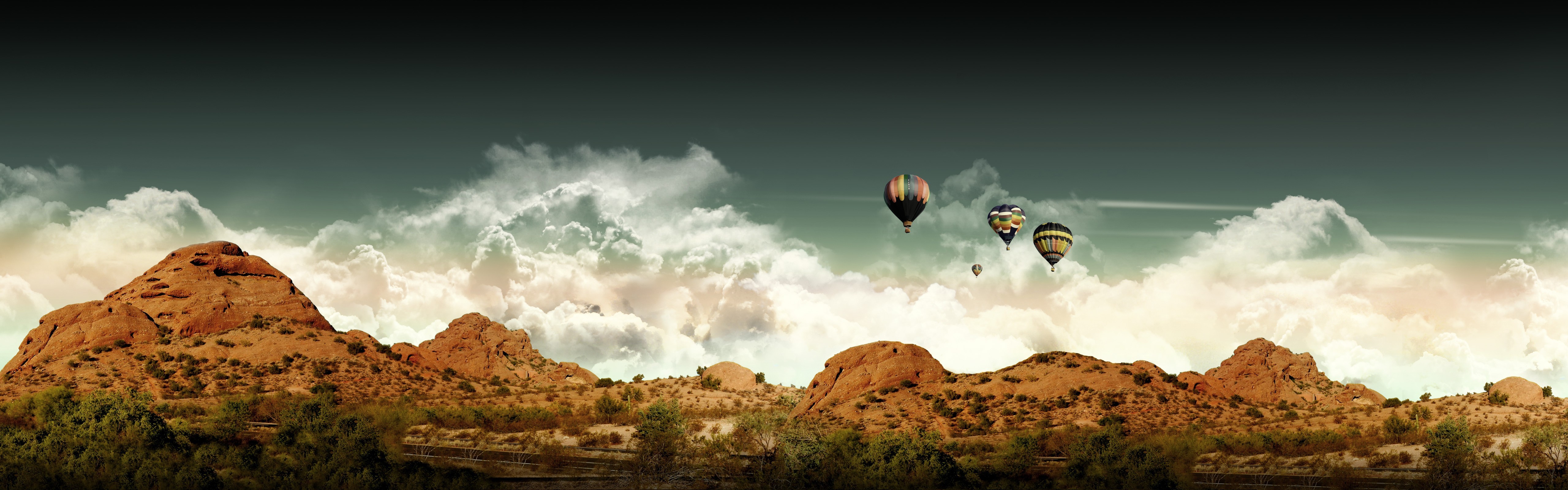 General 5120x1600 landscape hot air balloons sky clouds digital art rocks nature vehicle rock formation