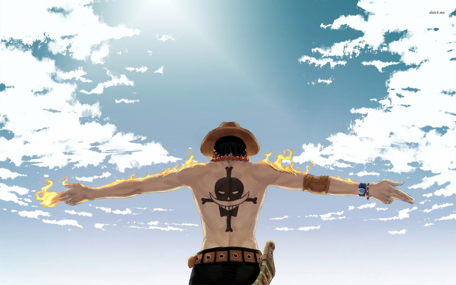 Anime 1920x1200 One Piece Portgas D. Ace anime standing arms sky clouds hat back tattoo hand gesture skull