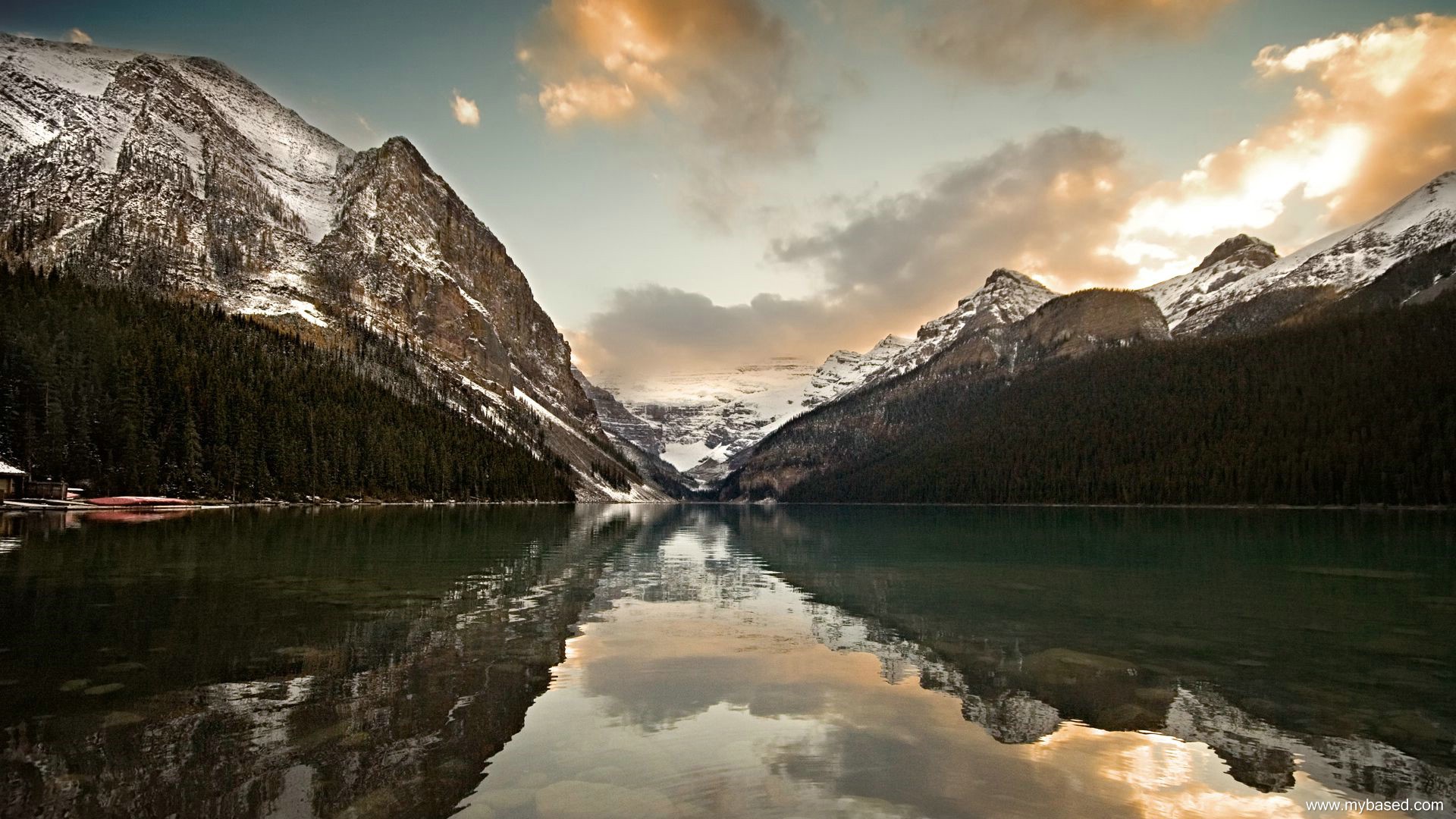 General 1920x1080 mountains lake snow Lake Louise Canada landscape nature water clouds reflection